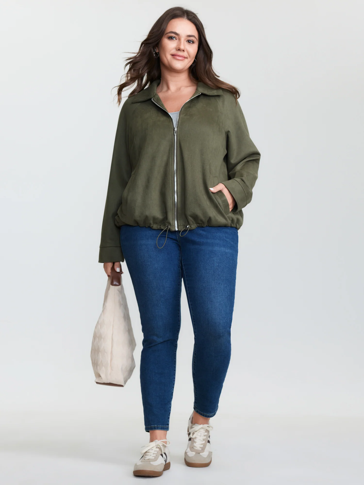 Suede Drawstring Hem Zipper Jacket - Image 3