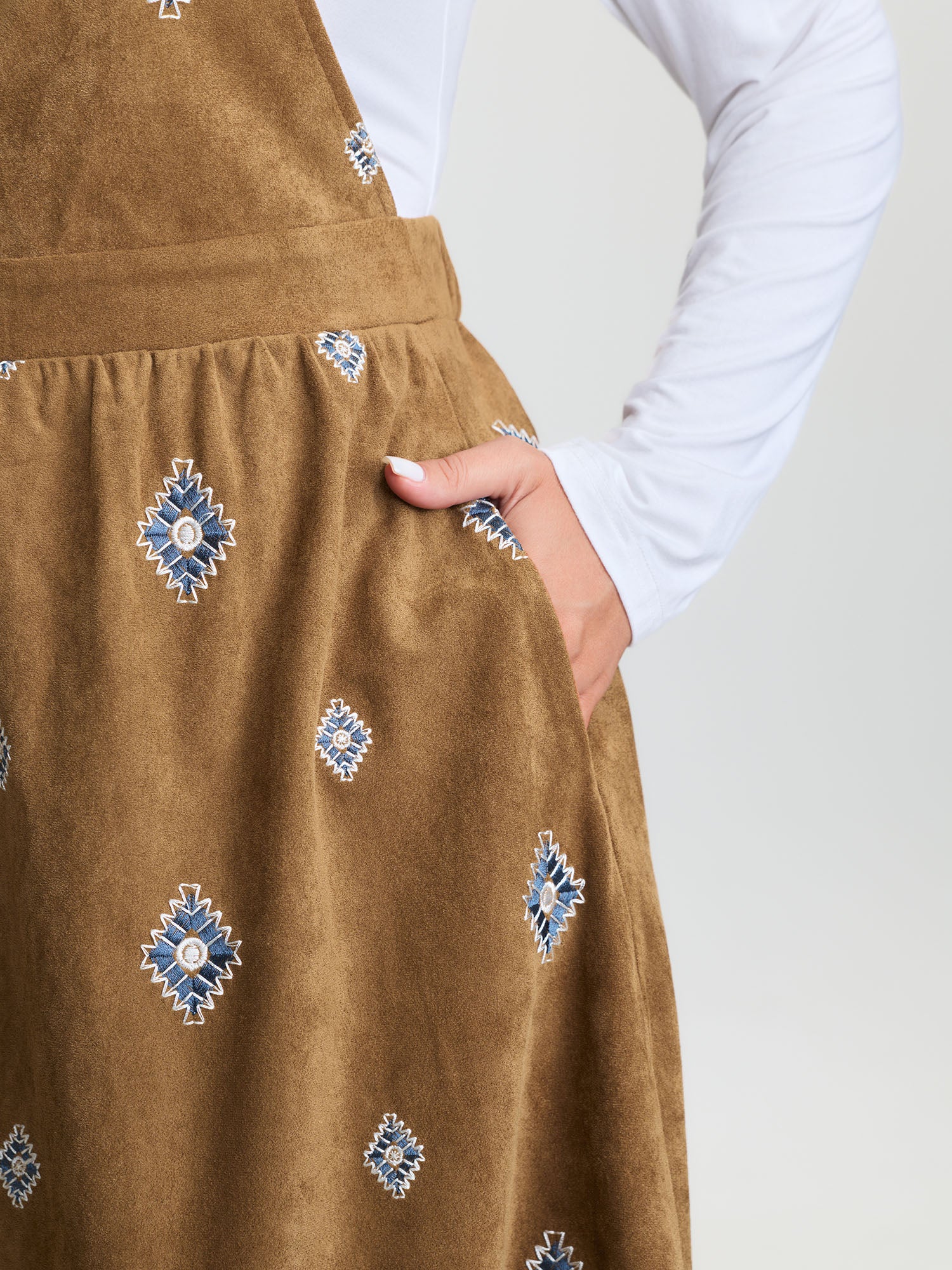 Suede Embroidered Pockets Midi Overall Dress - Image 4