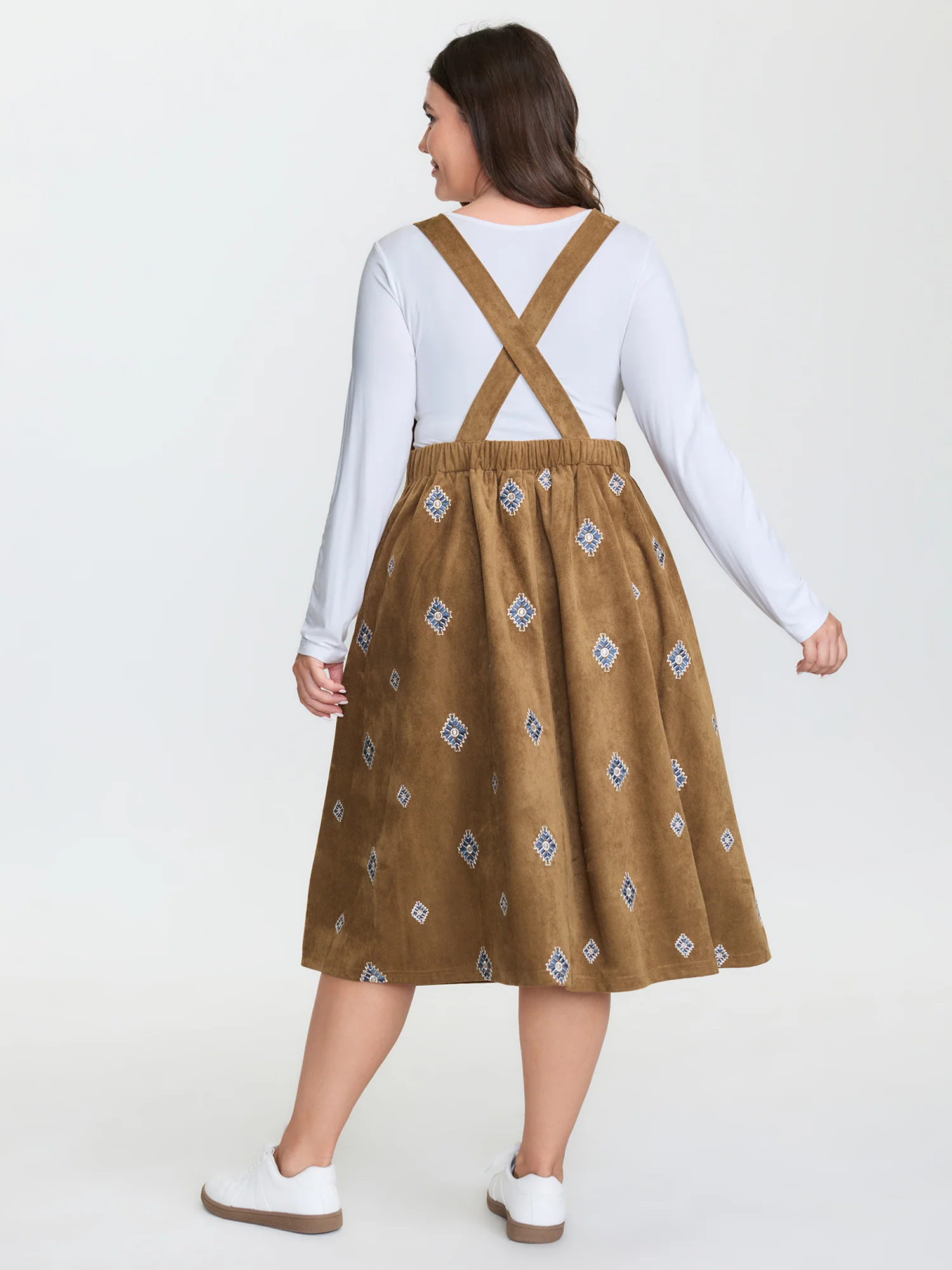 Suede Embroidered Pockets Midi Overall Dress - Image 5