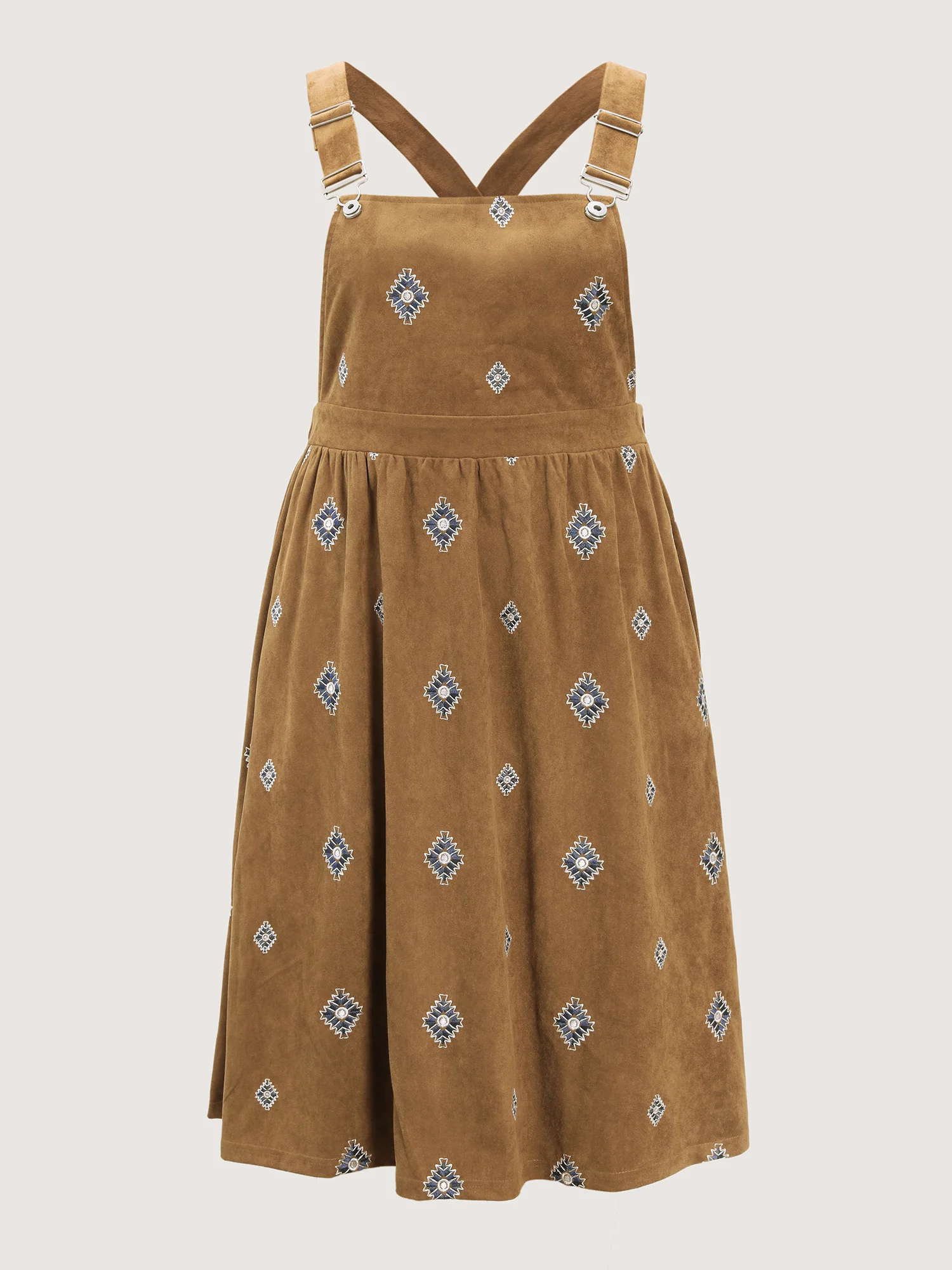 Suede Embroidered Pockets Midi Overall Dress - Image 8