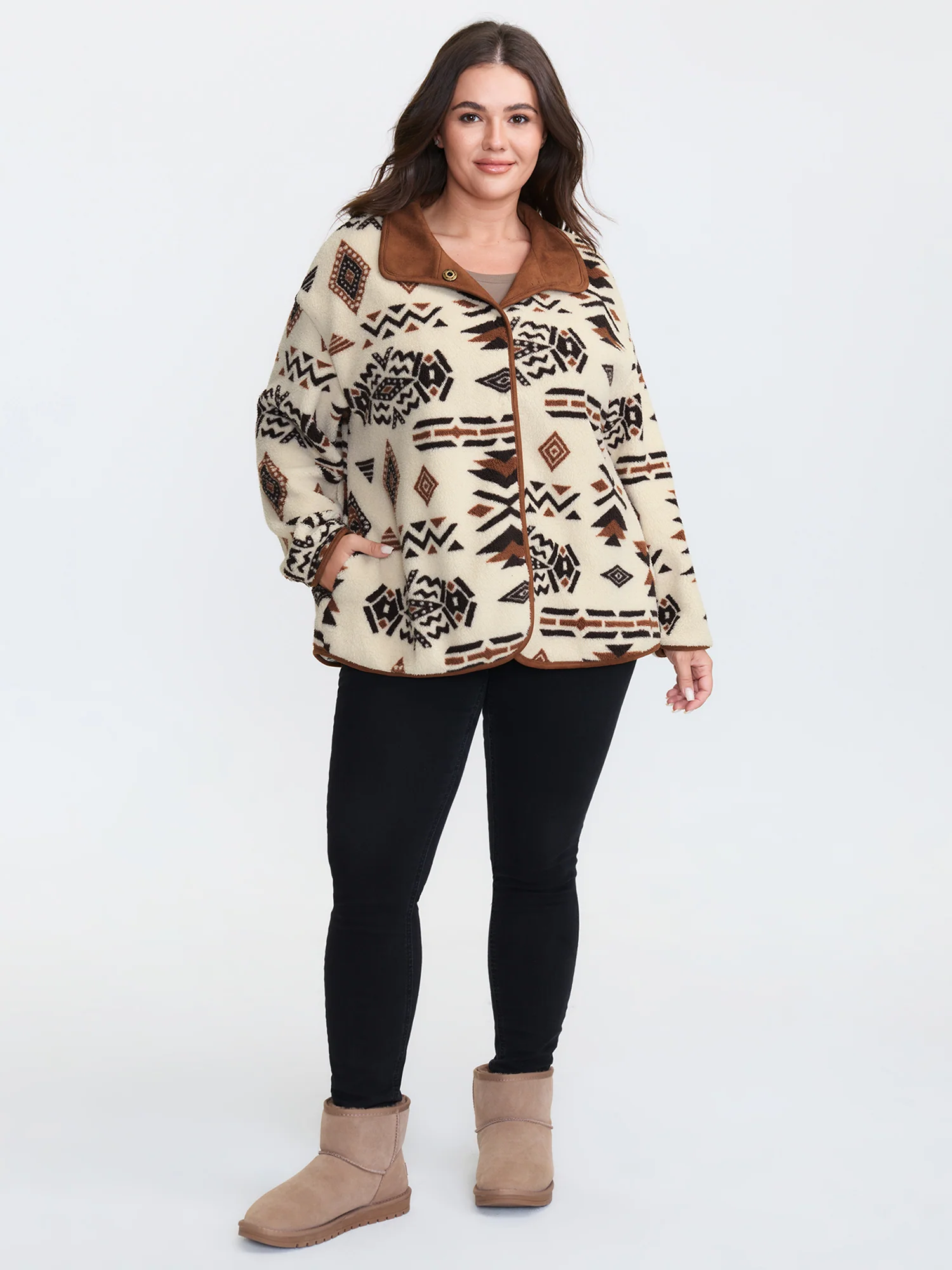 Suede Fleece Mix Geometric Print Jacket - Image 3