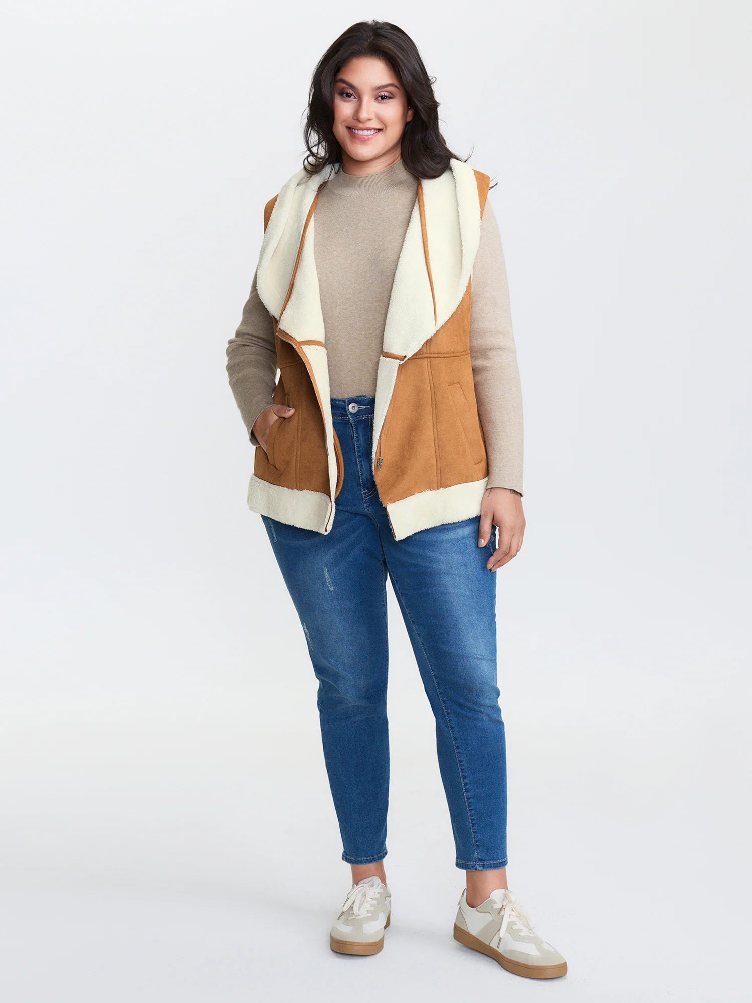 Suede Fluffy Zipper Hooded Vest Coat - Image 2