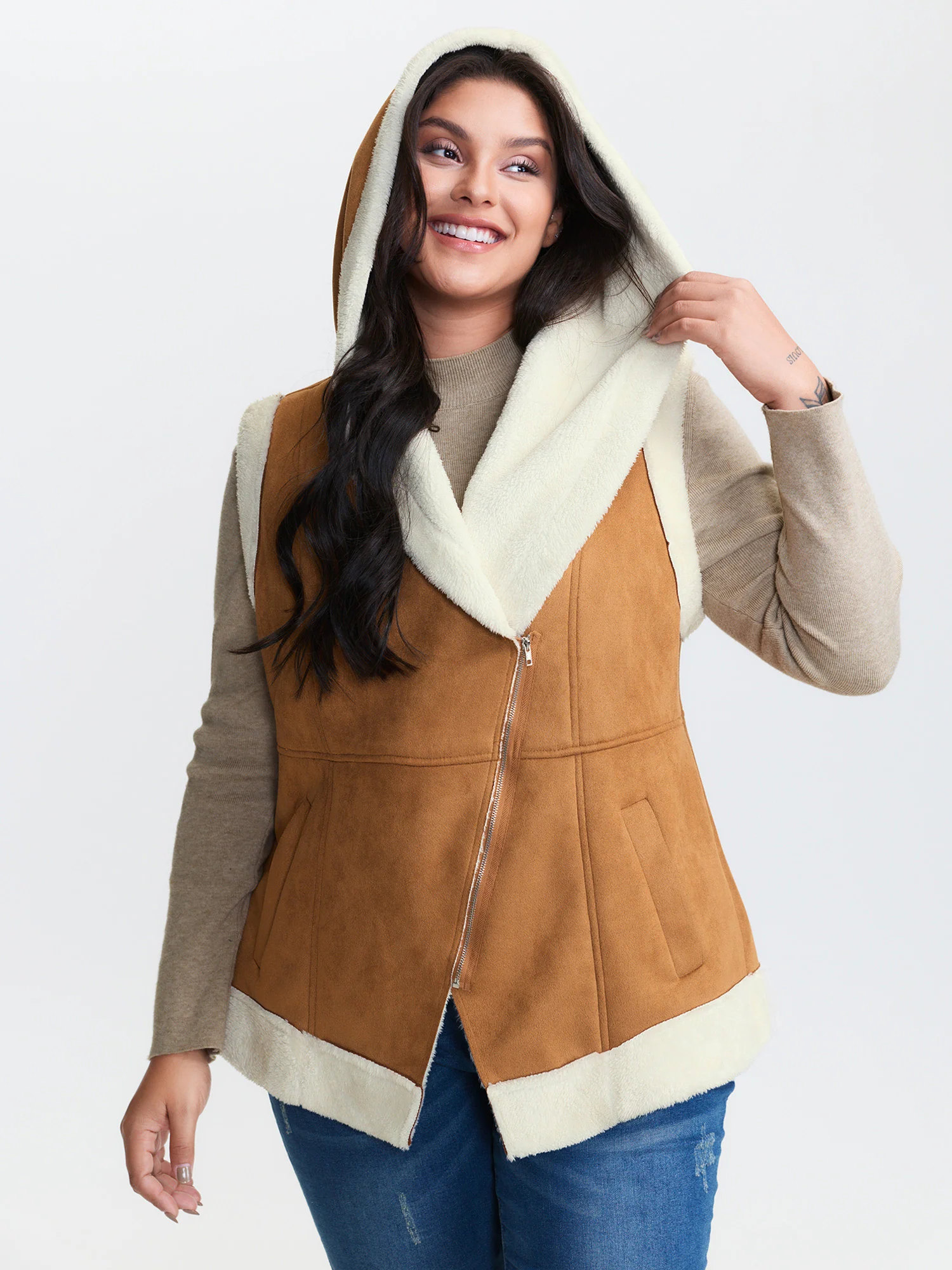 Suede Fluffy Zipper Hooded Vest Coat - Image 3