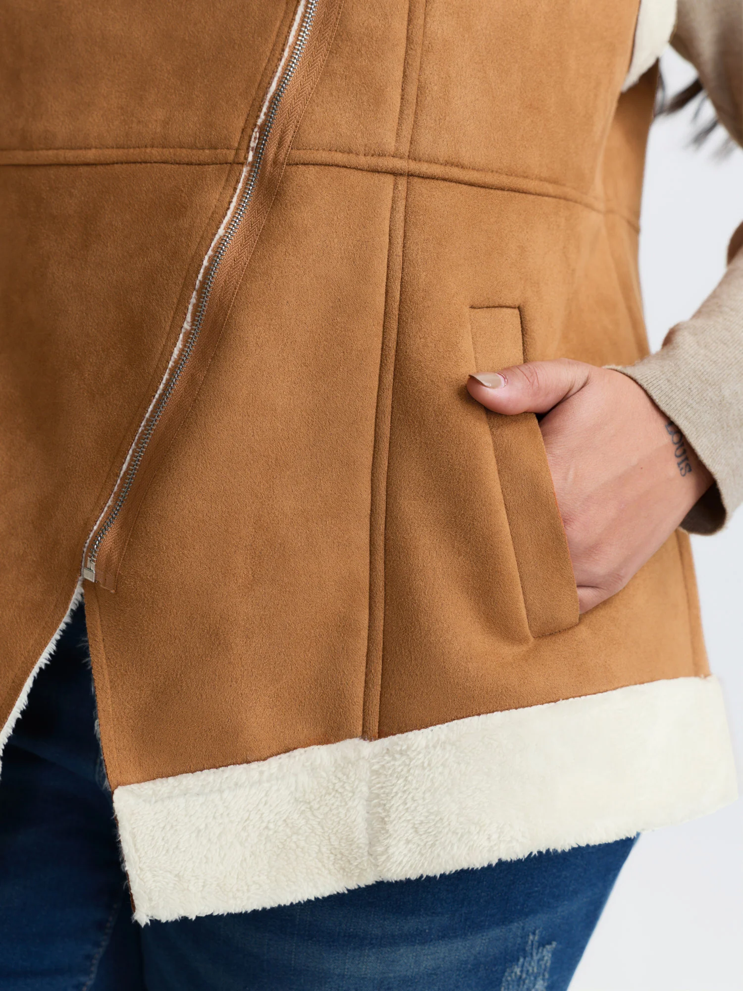 Suede Fluffy Zipper Hooded Vest Coat - Image 4