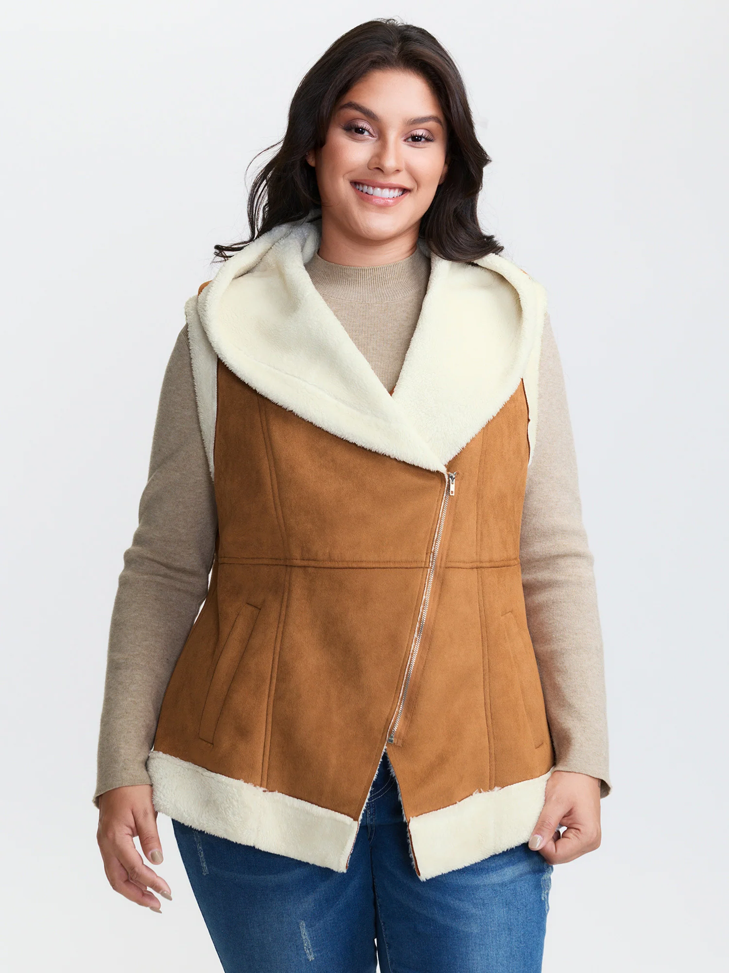 Suede Fluffy Zipper Hooded Vest Coat - Image 5