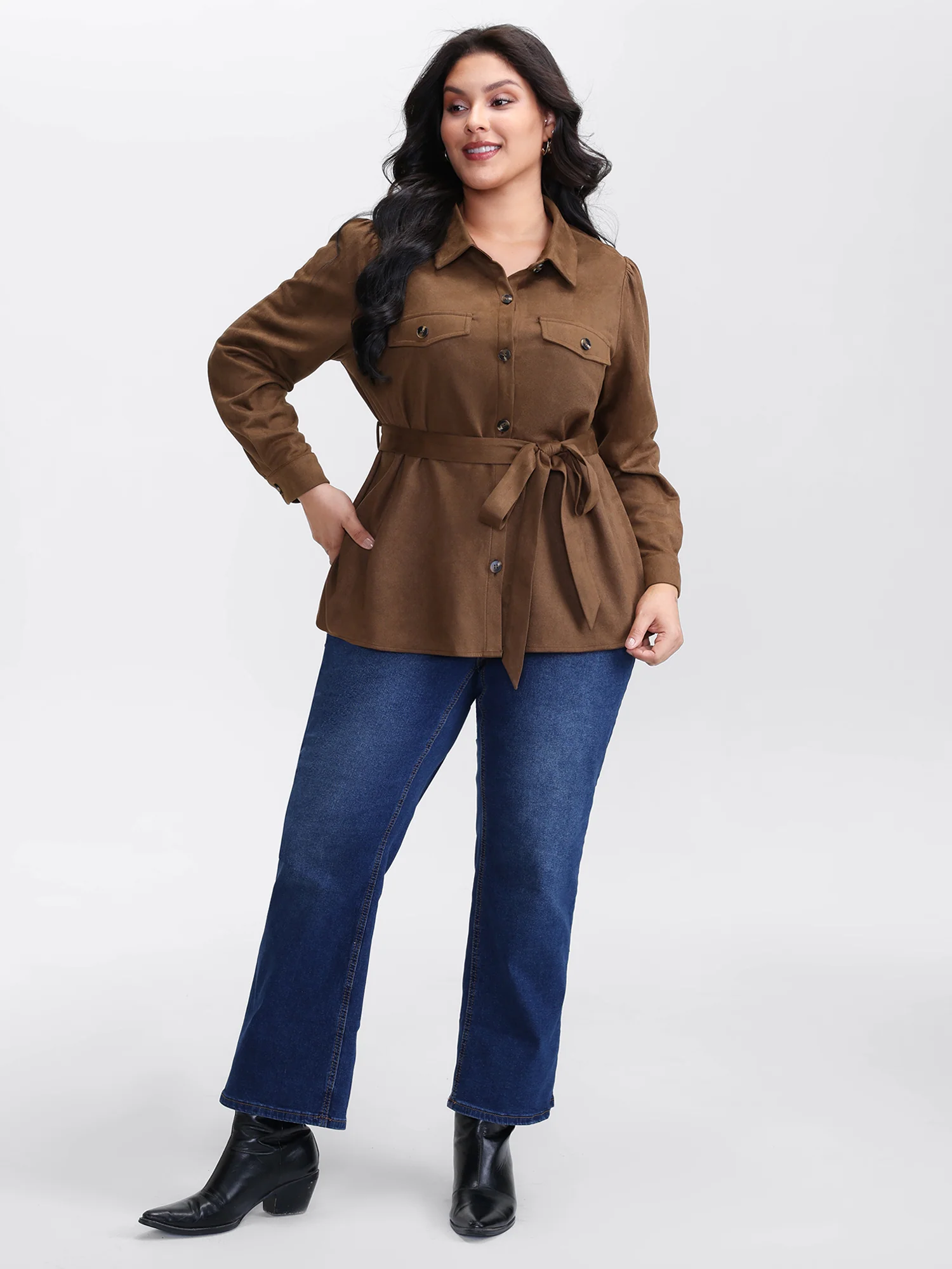 Suede Open-Front Belted Long Shirt - Image 3