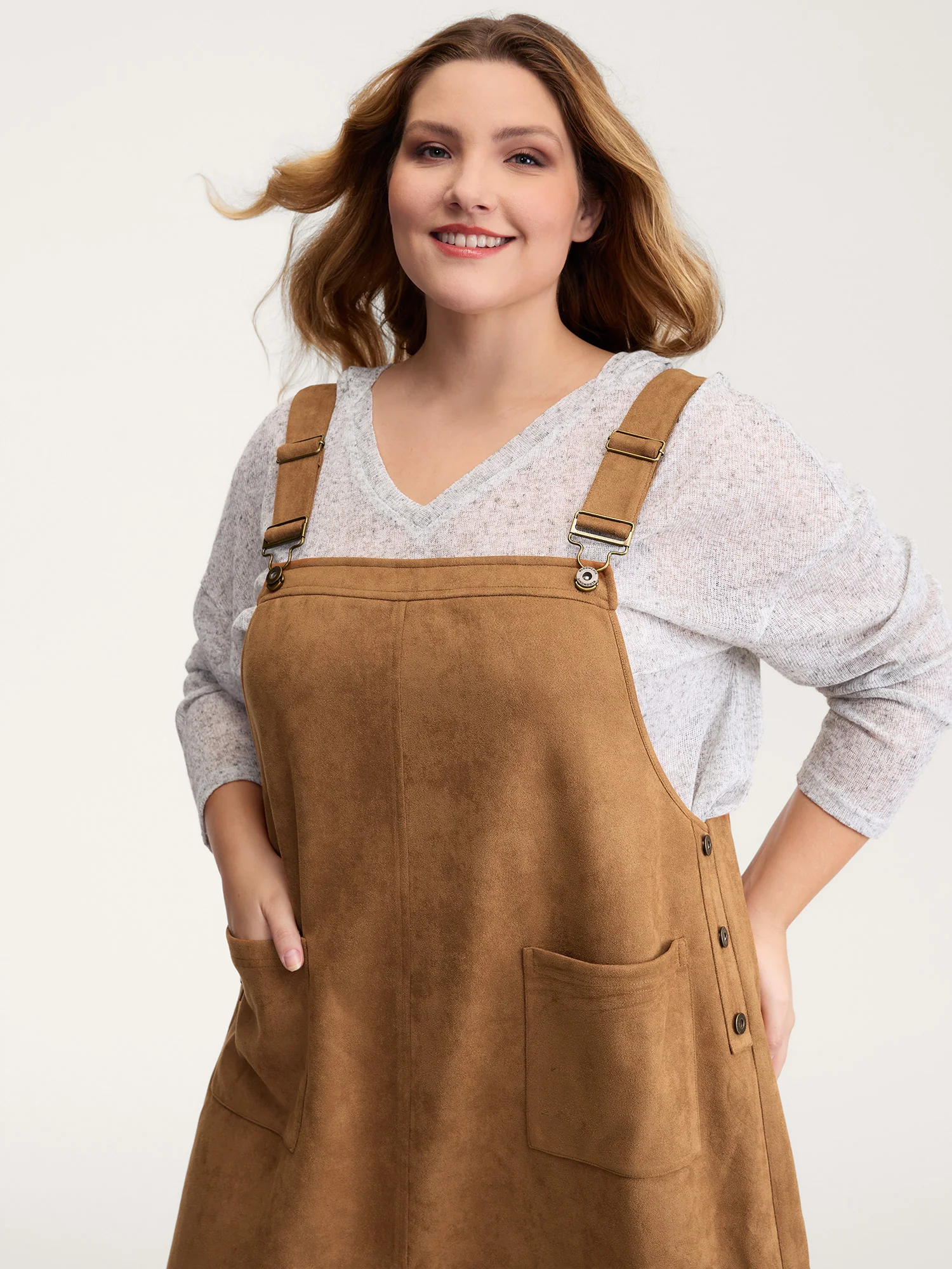 Suede Overall Adjustable Straps Midi Dress