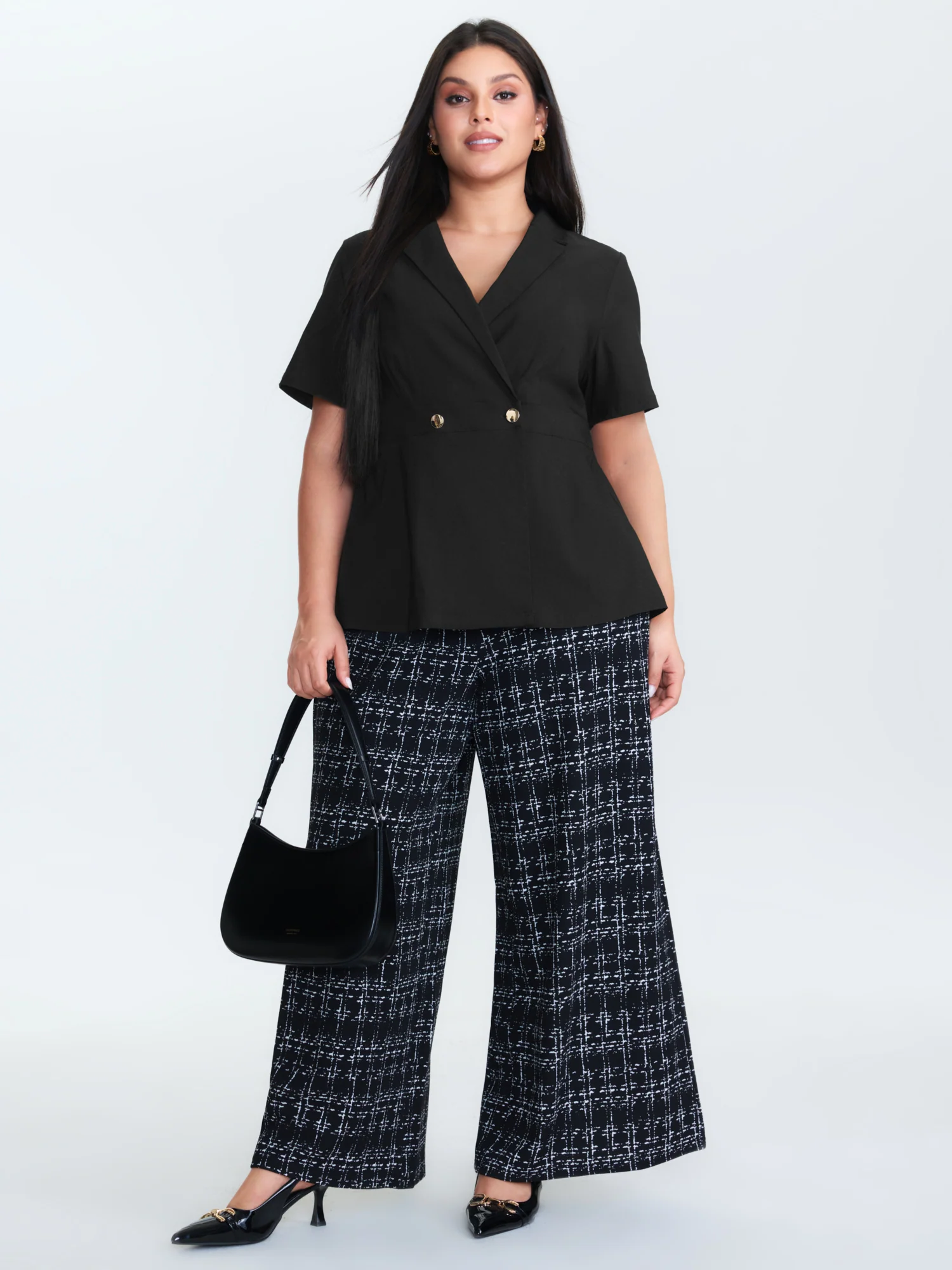 Suit Collar Button Detail Plain Blouse - Image 2