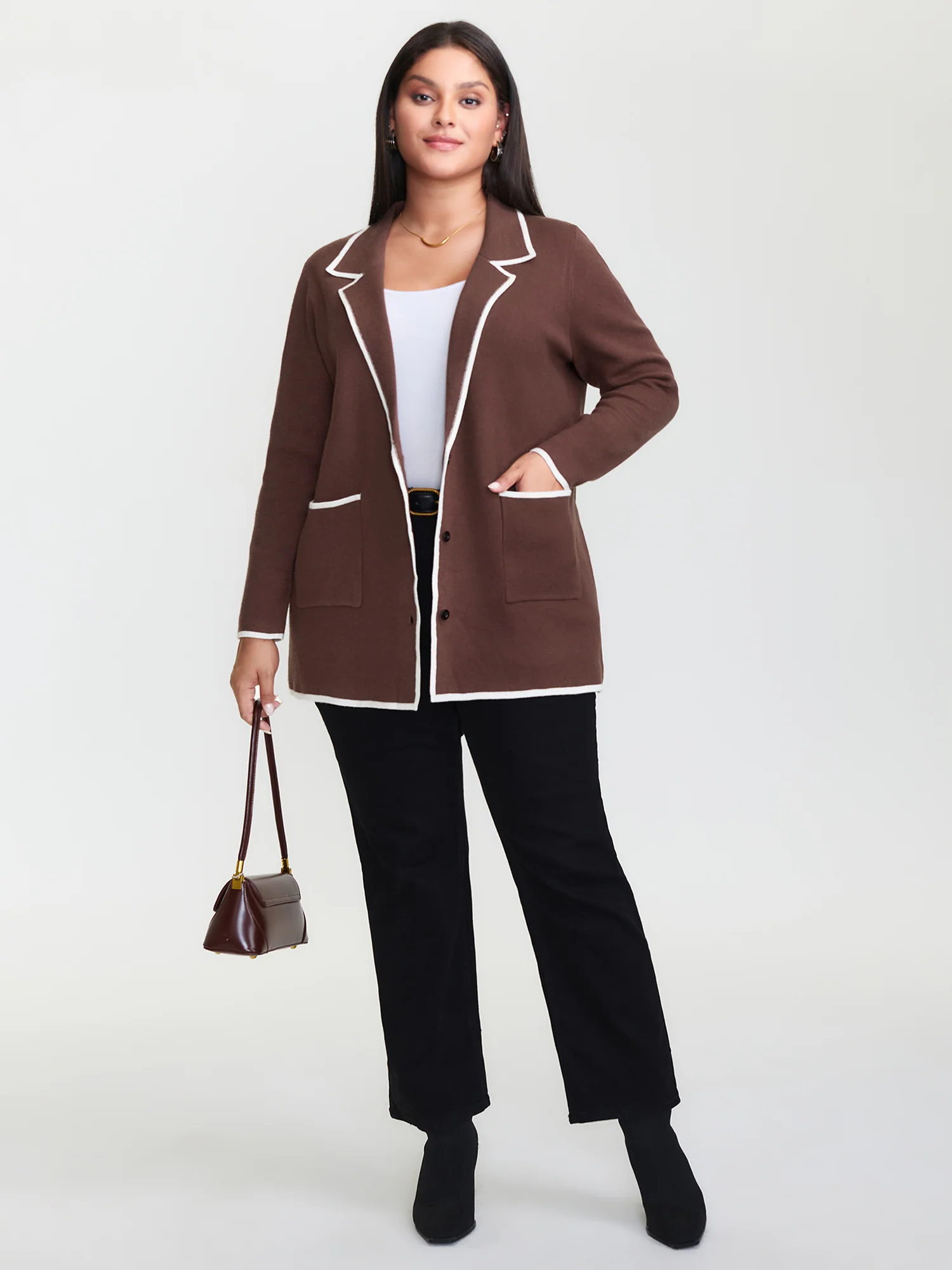 Suit Collar Color Contrast Pockets Knit Cardigan - Image 3