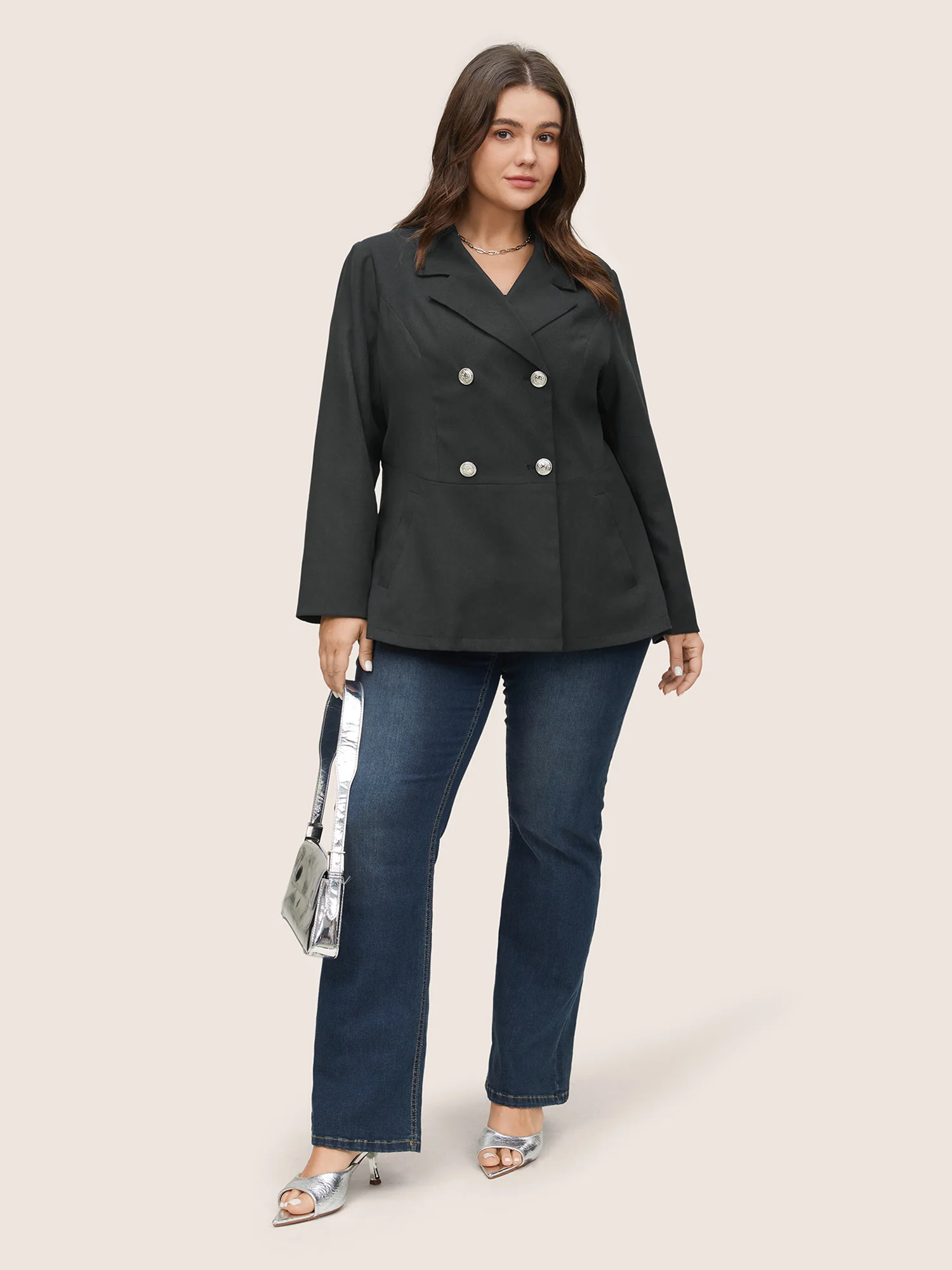 Suit Collar Double Breasted Metal Detail Blazer - Image 2