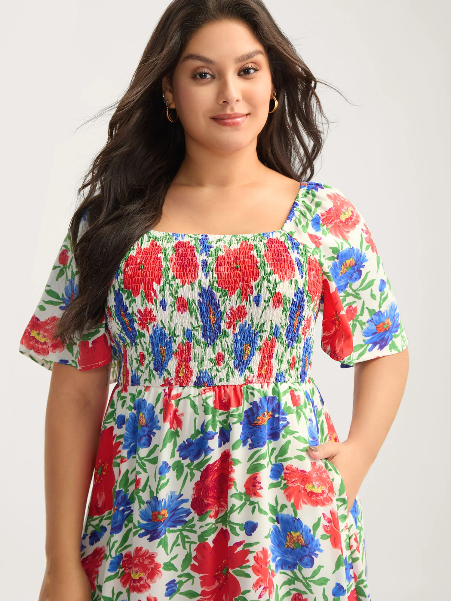 Sunkissed Floral Shirred Pockets Midi Dress - Image 2