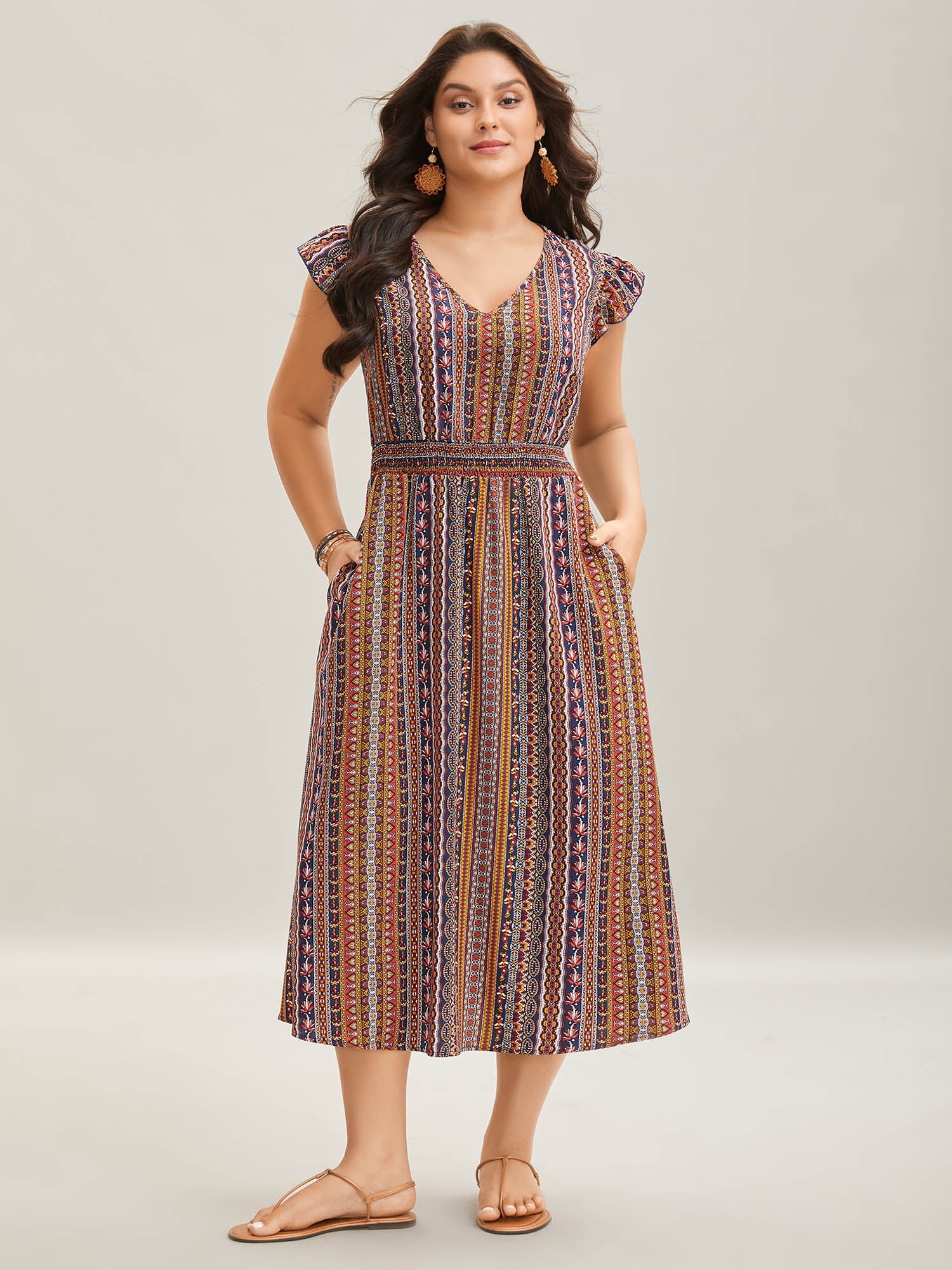 Sunny Stripes Pockets Shirred Midi Dress - Image 2