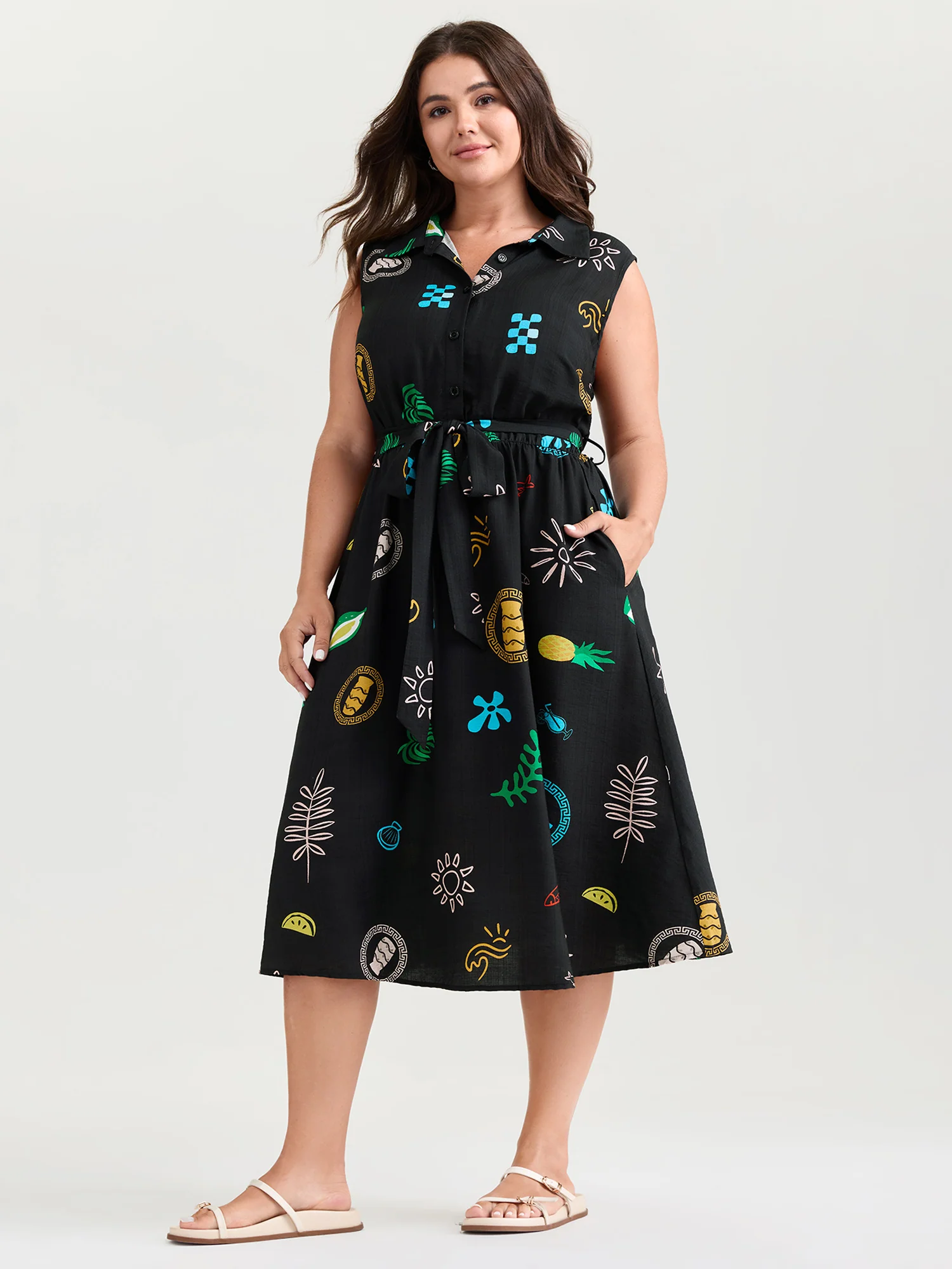 Sunshine Pineapples Collar Sleeveless Midi Dress - Image 3