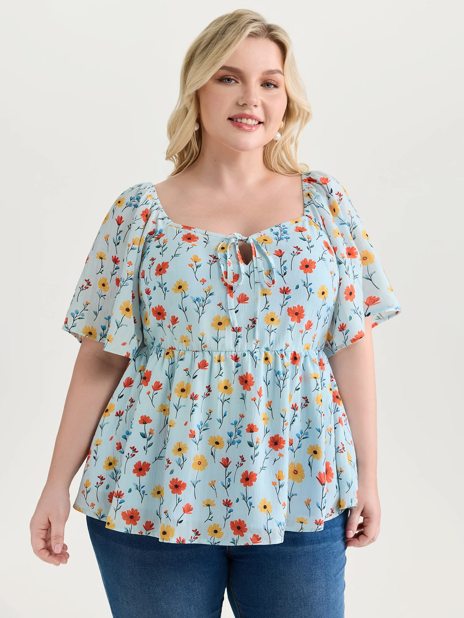 Sunshine-Ready Floral Print Drawstring Blouse