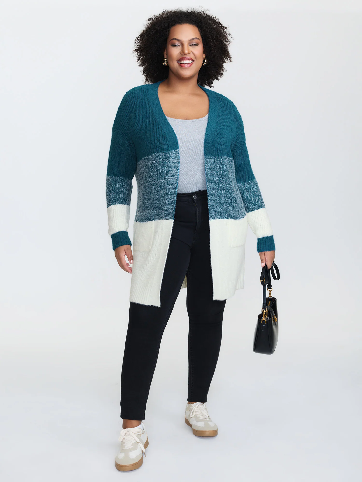 Super Stretchy Colorblock Fuzzy Textured Knit Cardigan - Image 2