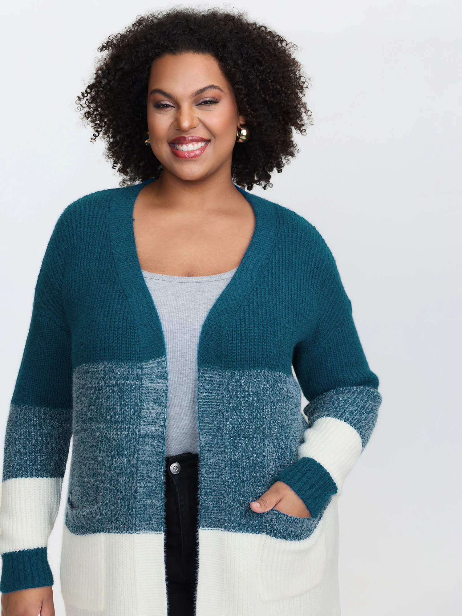 Super Stretchy Colorblock Fuzzy Textured Knit Cardigan - Image 3