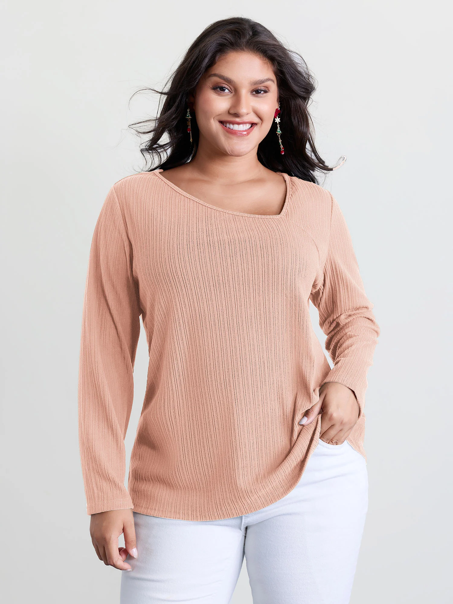 Super Stretchy Ribbed Asymmetrical Neck T-Shirt - Image 13