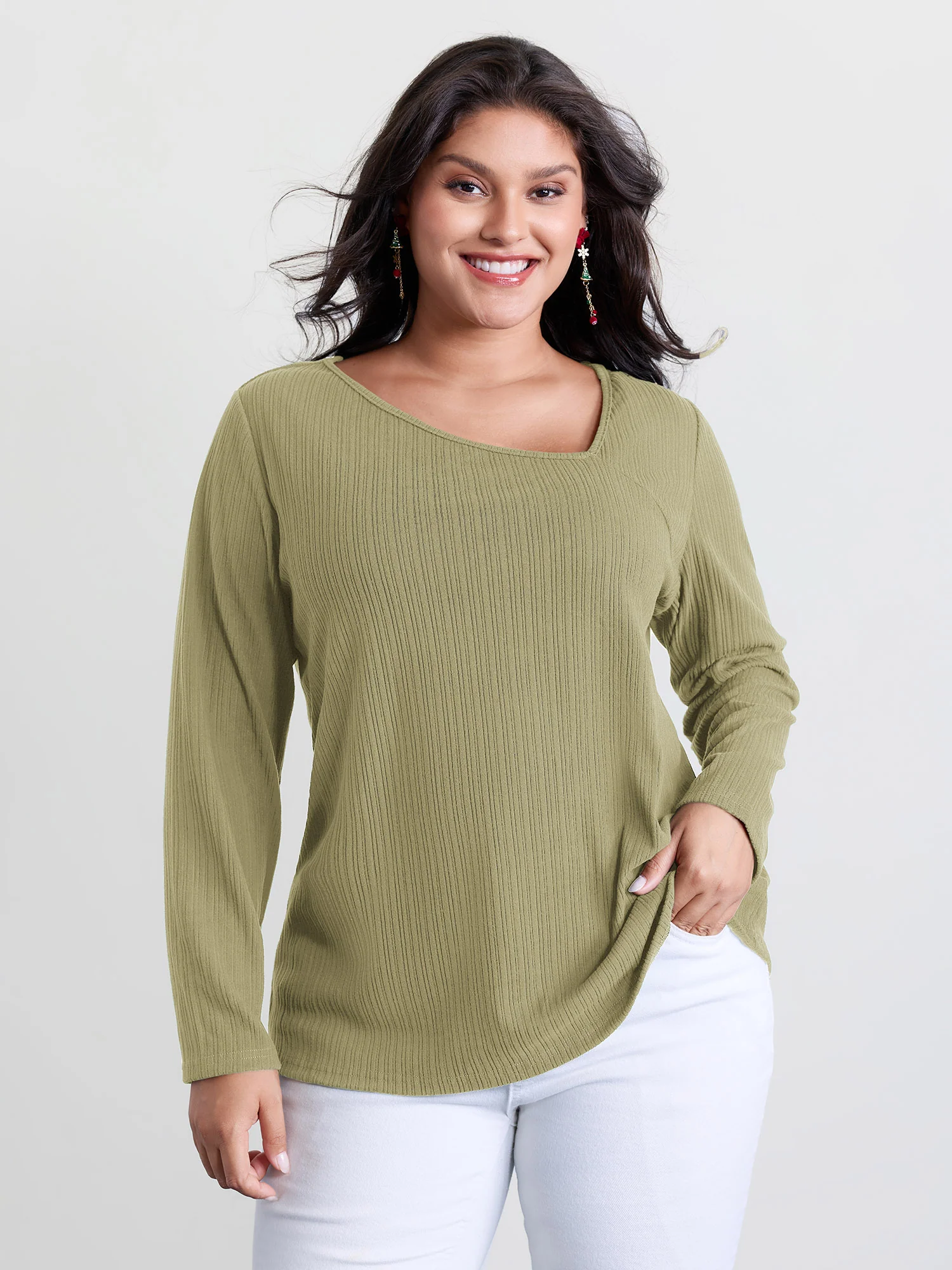 Super Stretchy Ribbed Asymmetrical Neck T-Shirt - Image 18