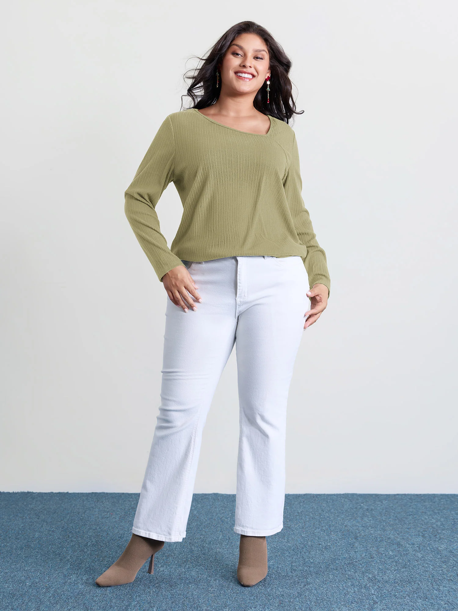 Super Stretchy Ribbed Asymmetrical Neck T-Shirt - Image 20