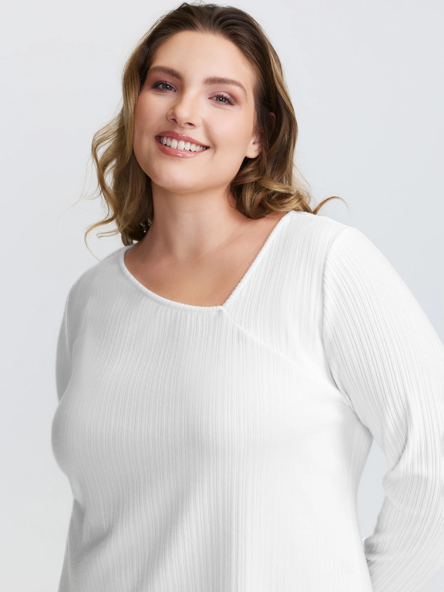 Super Stretchy Ribbed Asymmetrical Neck T-Shirt - Image 24
