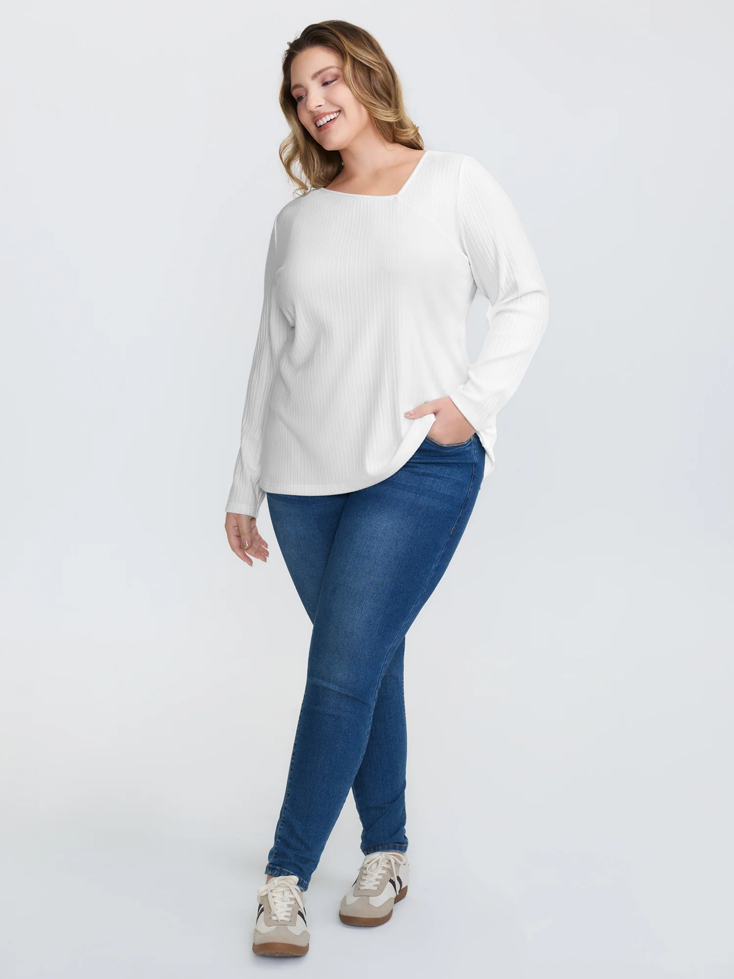 Super Stretchy Ribbed Asymmetrical Neck T-Shirt - Image 25