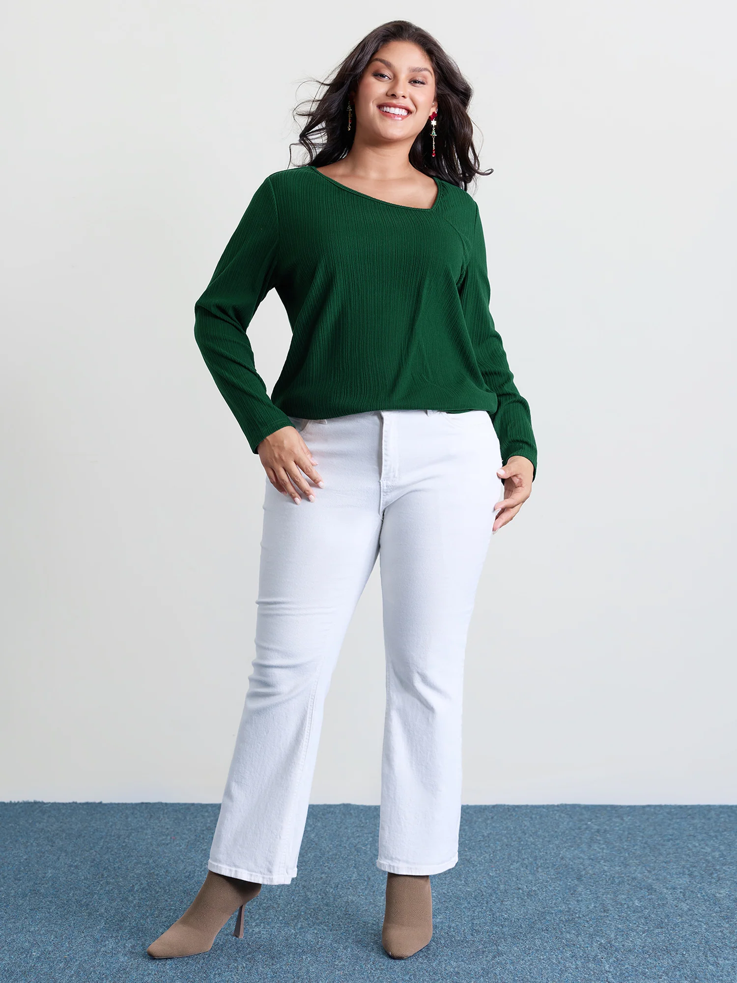 Super Stretchy Ribbed Asymmetrical Neck T-Shirt - Image 3
