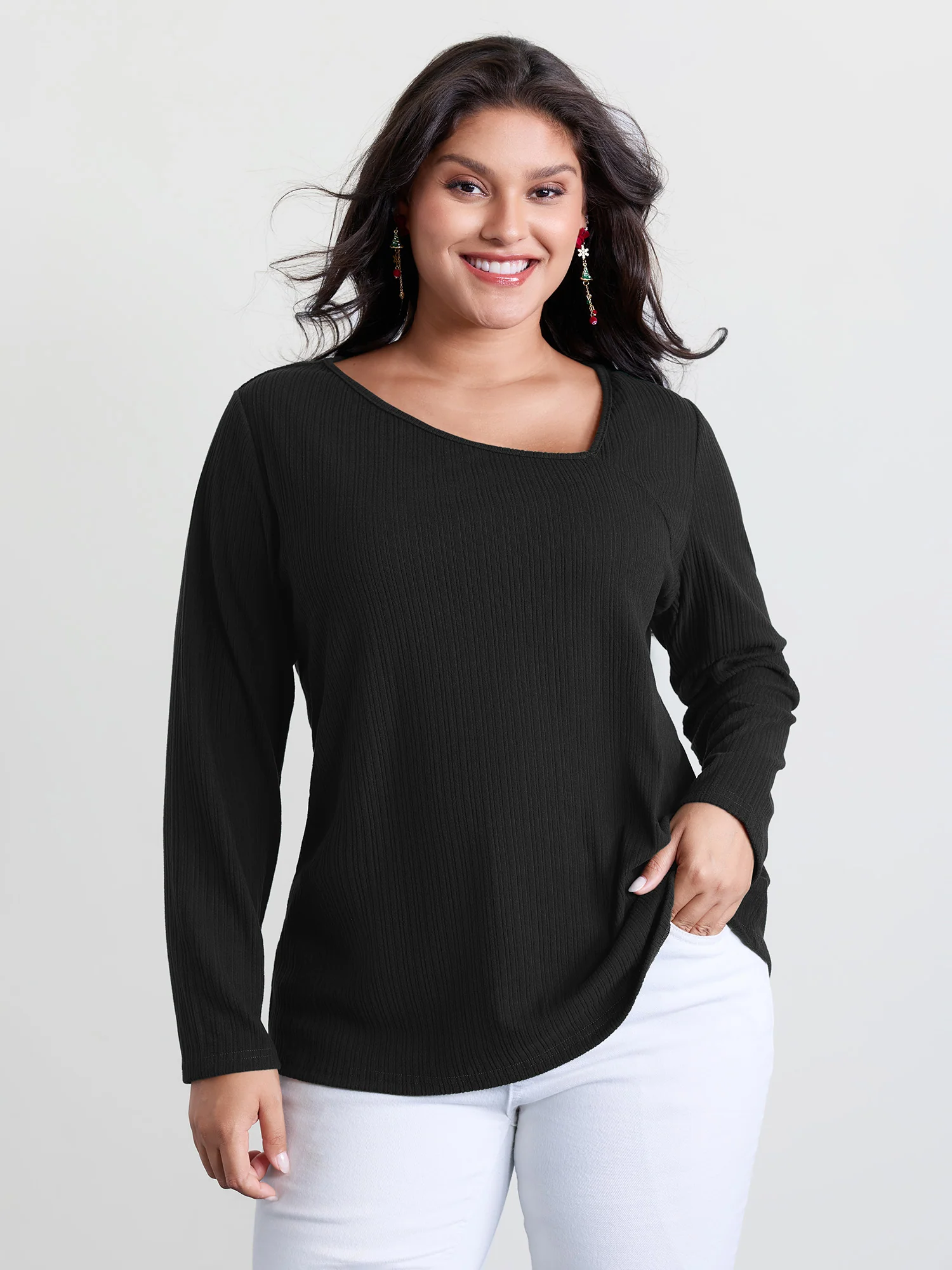 Super Stretchy Ribbed Asymmetrical Neck T-Shirt - Image 8