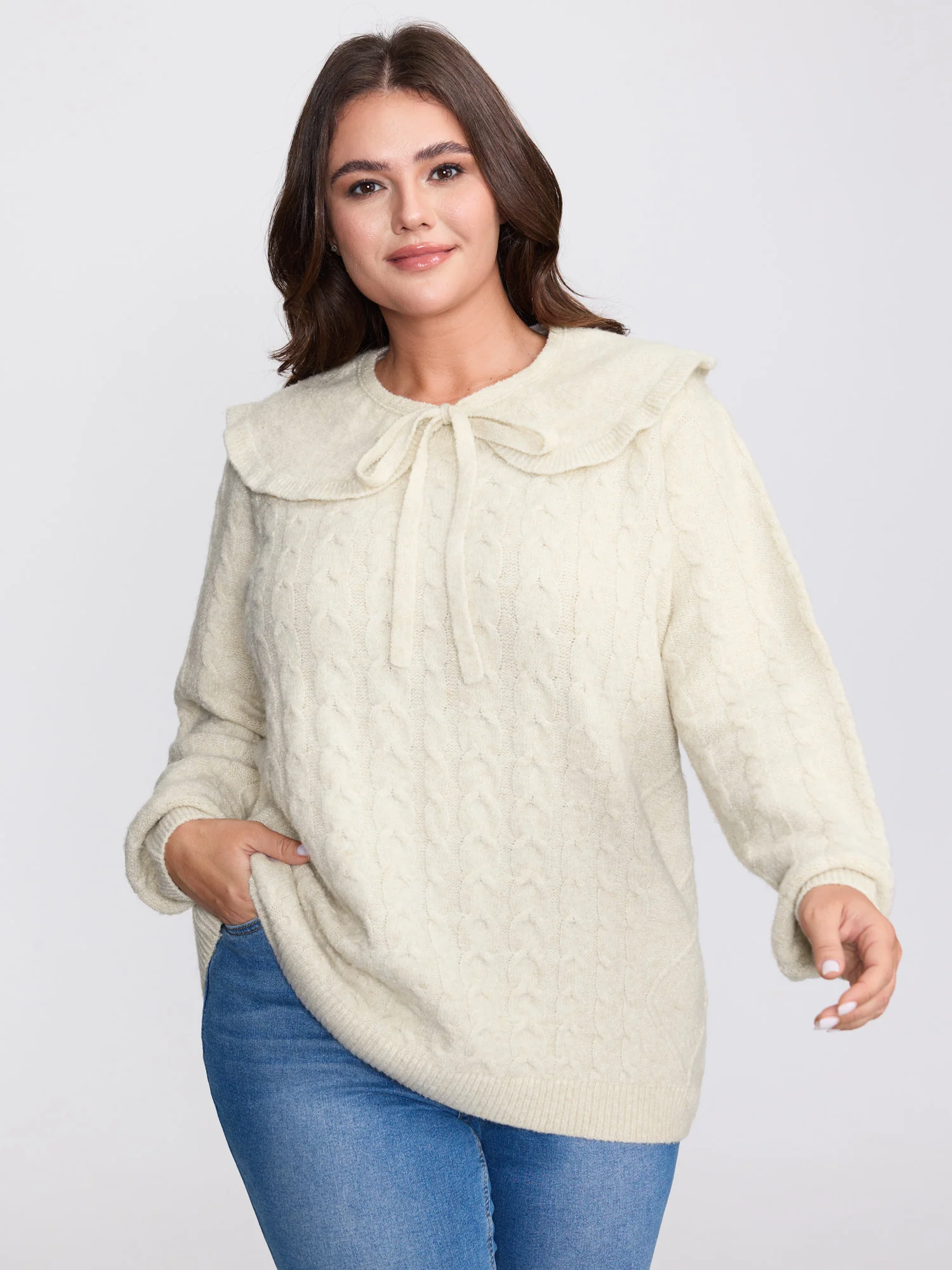 Supersoft 2-in-1 Cable Knit Shawl-Tie Pullover - Image 2