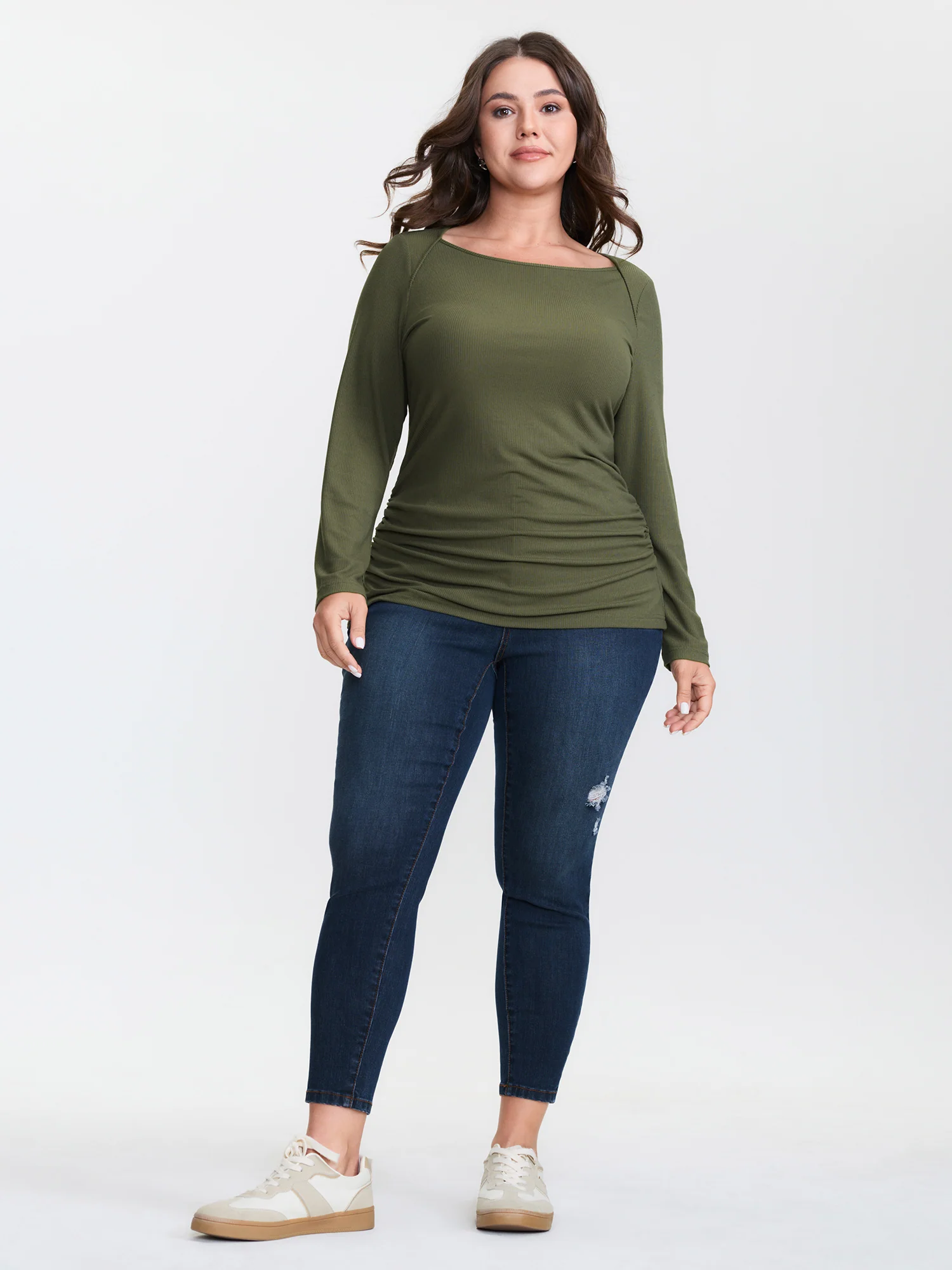 Supersoft Boat Neck Stretchy Ribbed Ruched T-Shirt - Image 4
