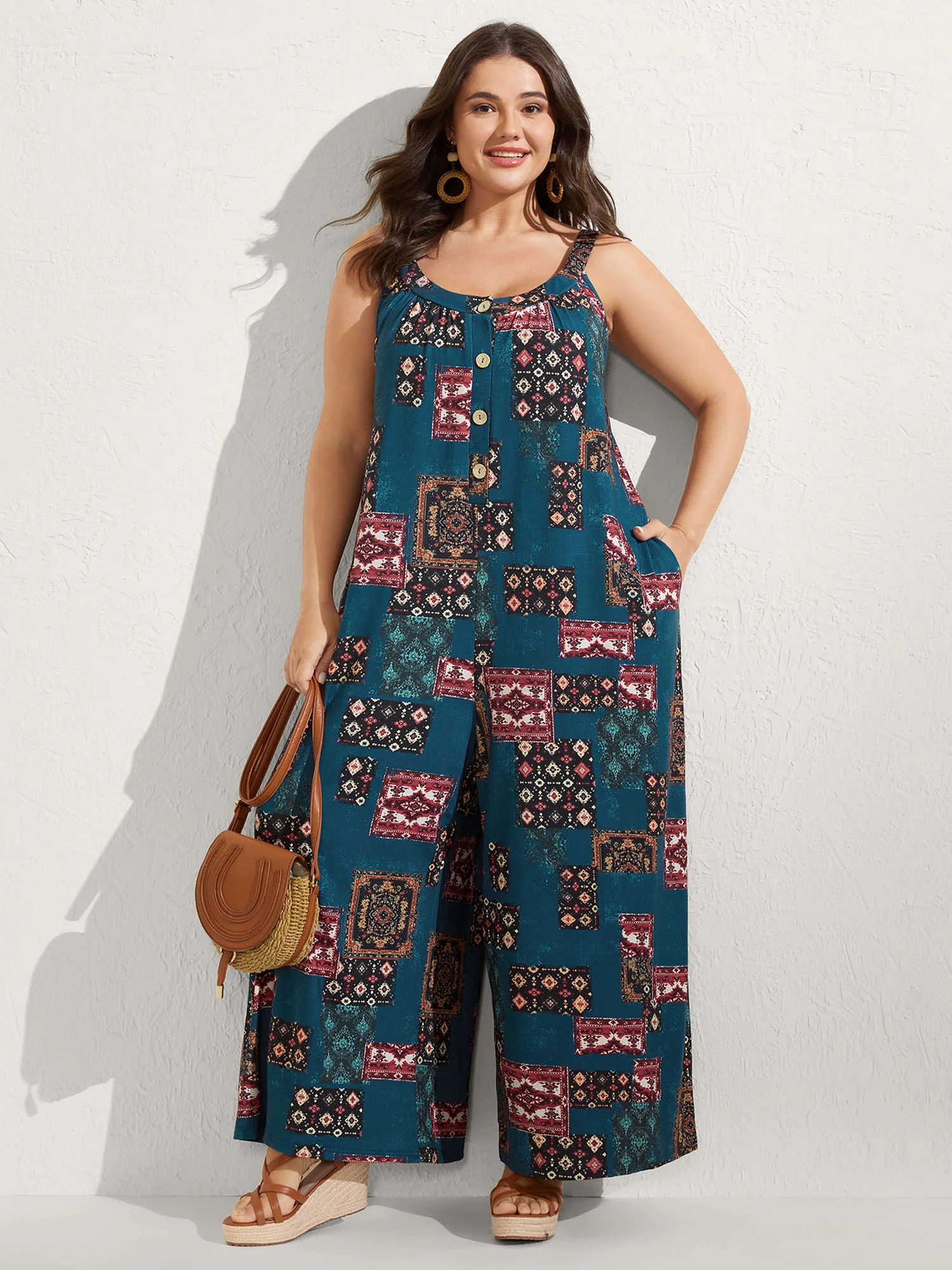 Supersoft Boho Collage Placket Pocket Jumpsuit