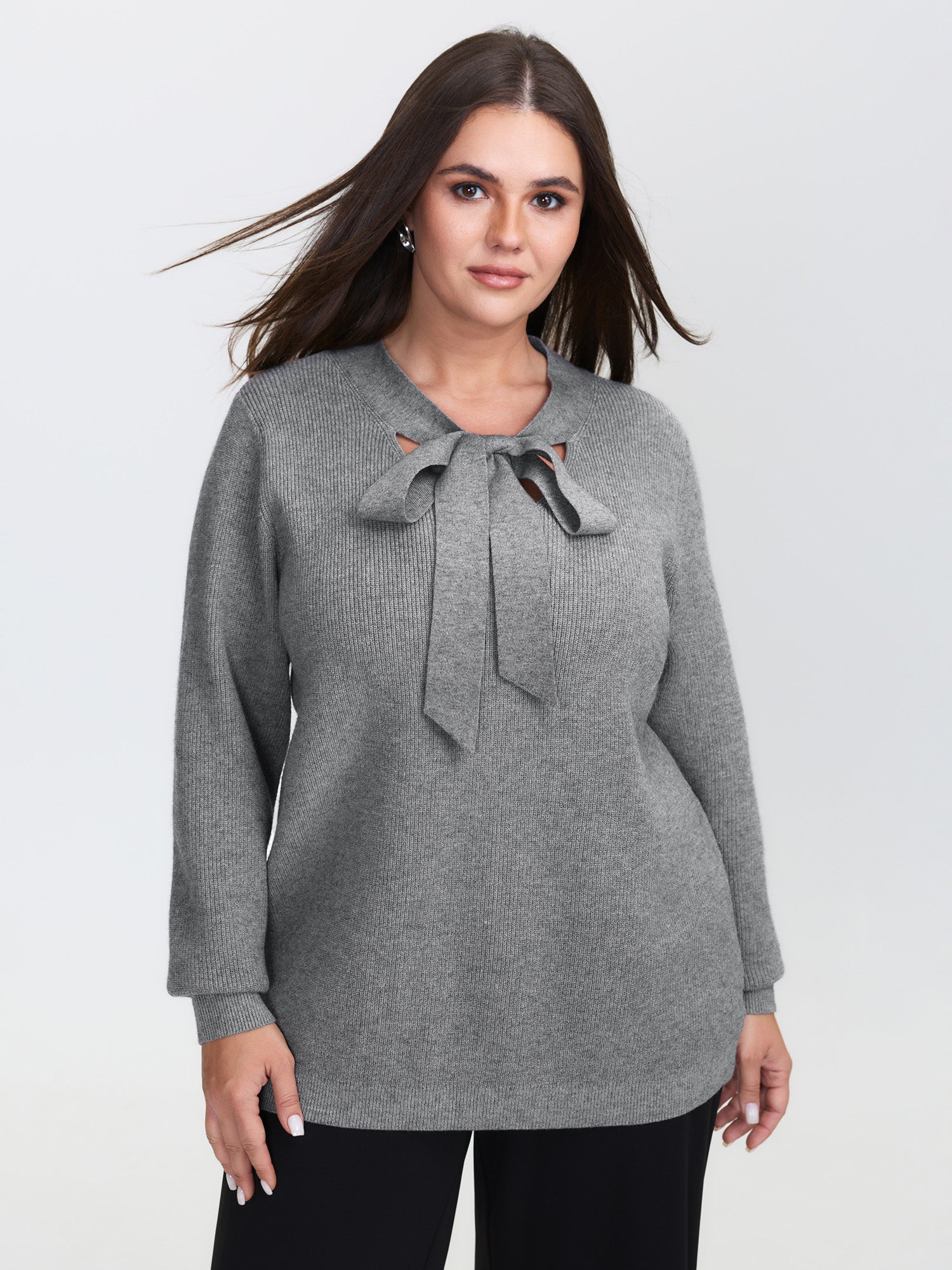 Supersoft Bowknot Neckline Ribbed Cut-Out Pullover - Image 3