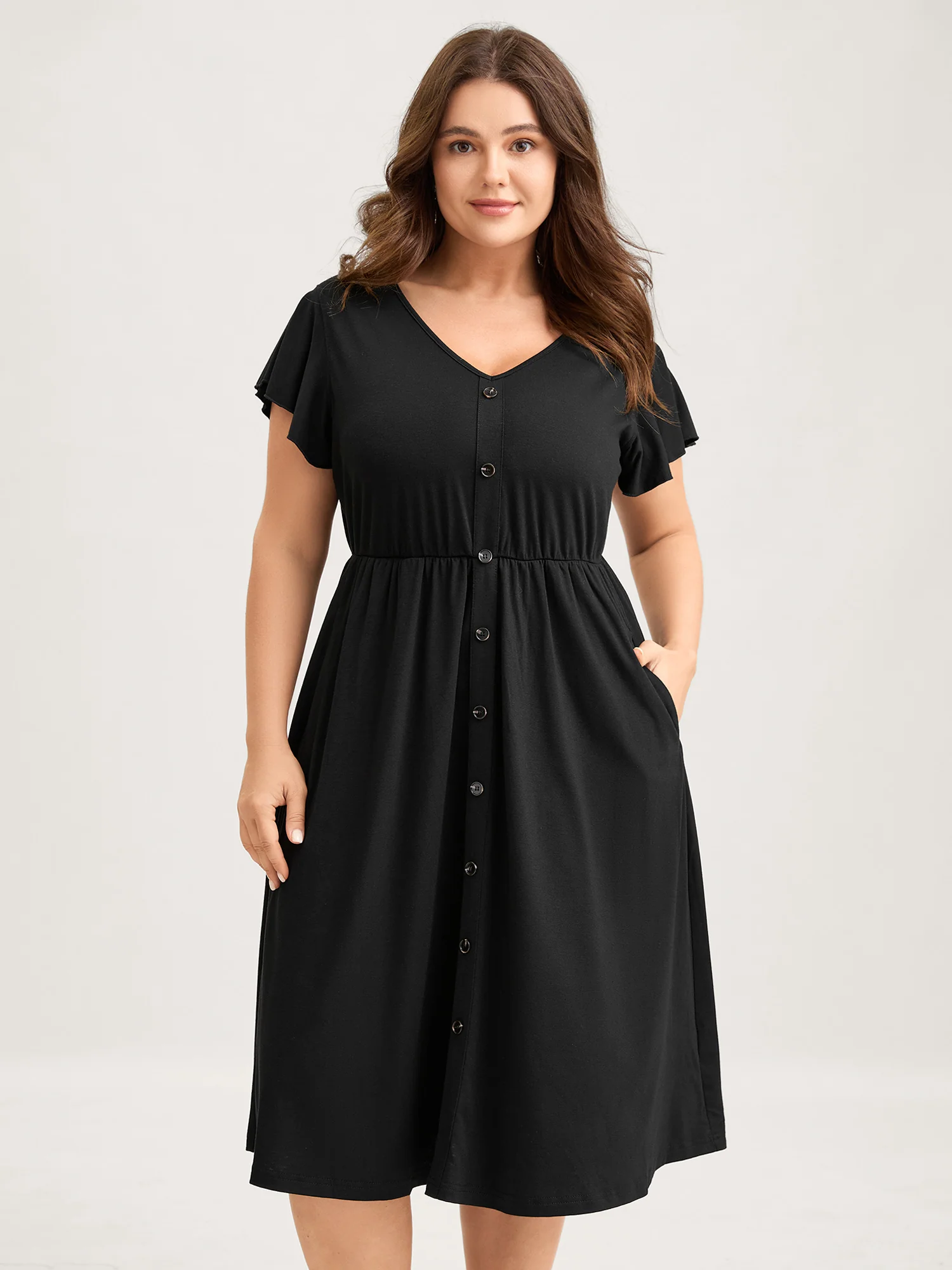 Supersoft Button Detail Deep V-Neck Mini Dress - Image 2
