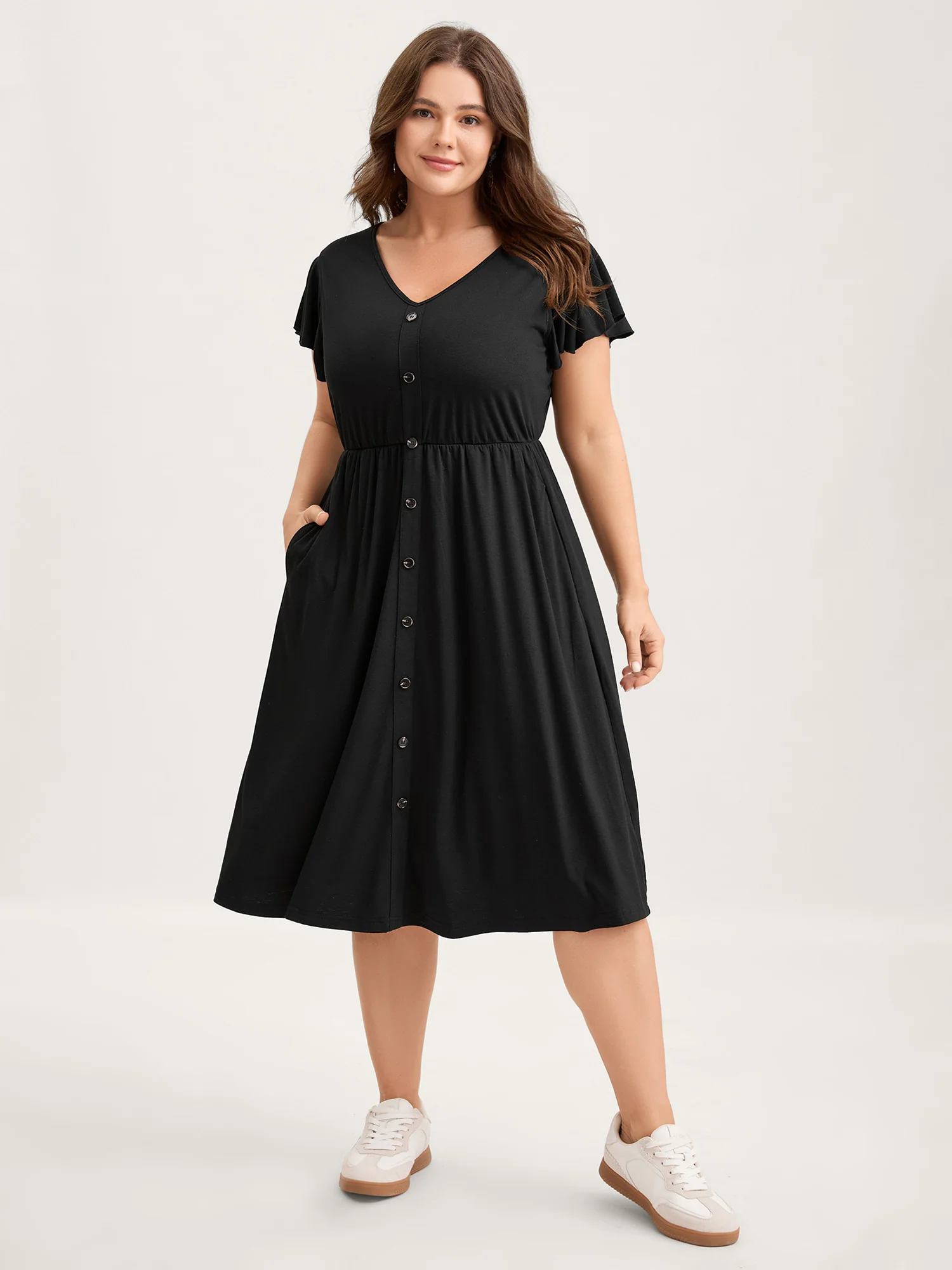 Supersoft Button Detail Deep V-Neck Mini Dress - Image 3