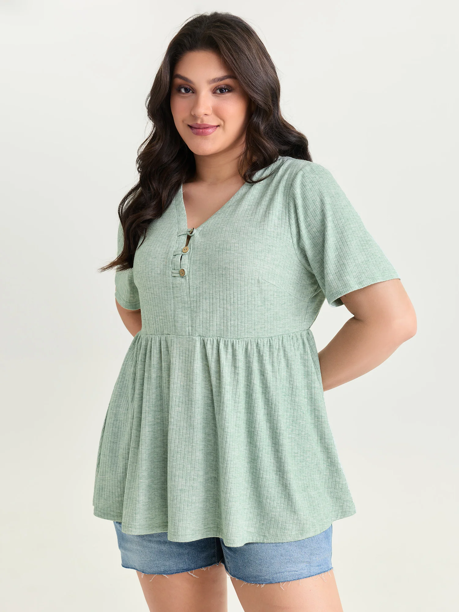 Supersoft Button Detail Plain Knit Top