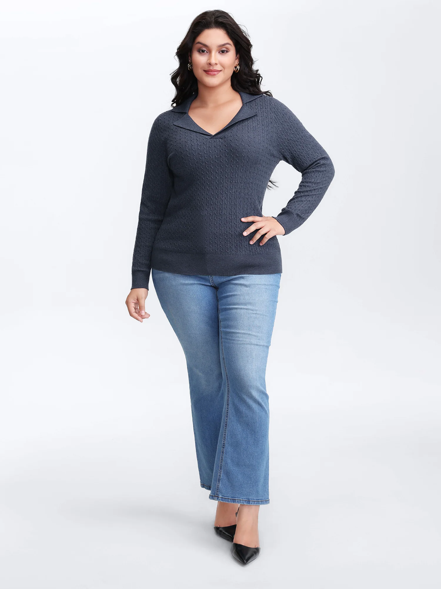 Supersoft Cable Knit Blazer Collar Fitted Pullover - Image 3