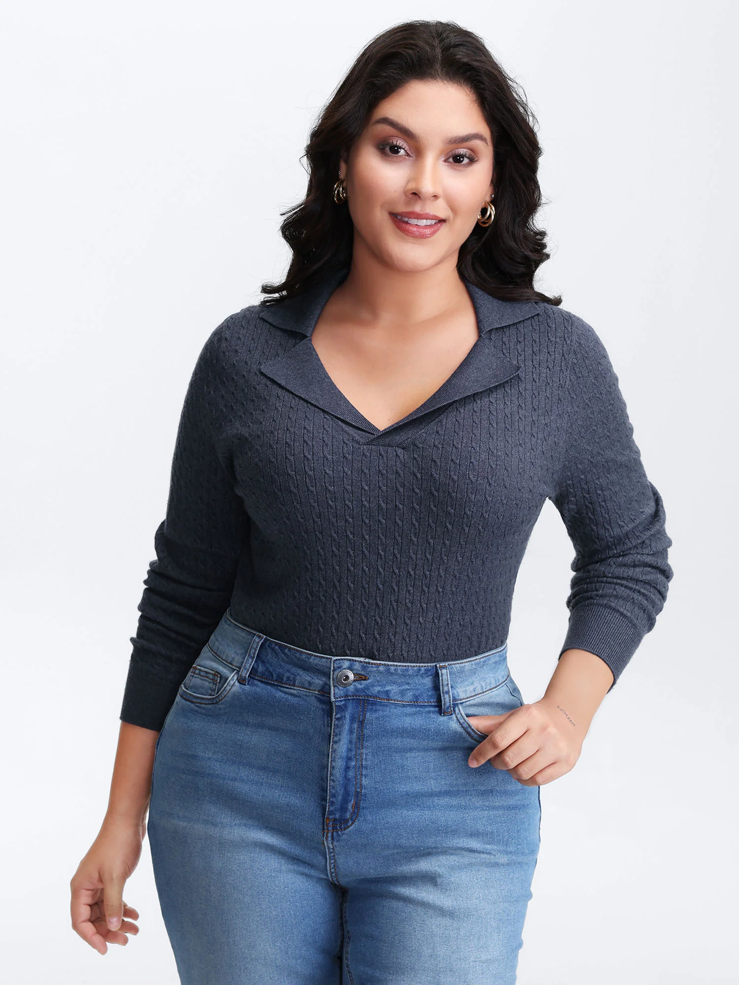Supersoft Cable Knit Blazer Collar Fitted Pullover - Image 4