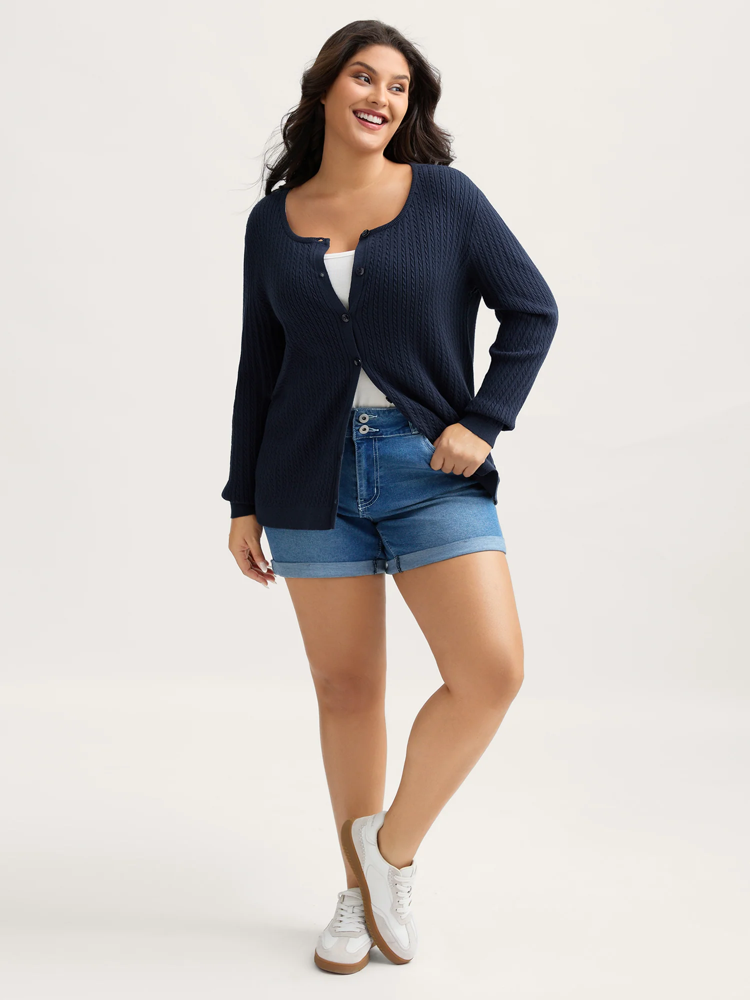 Supersoft Cable Knit Button Solid Cardigan - Image 2