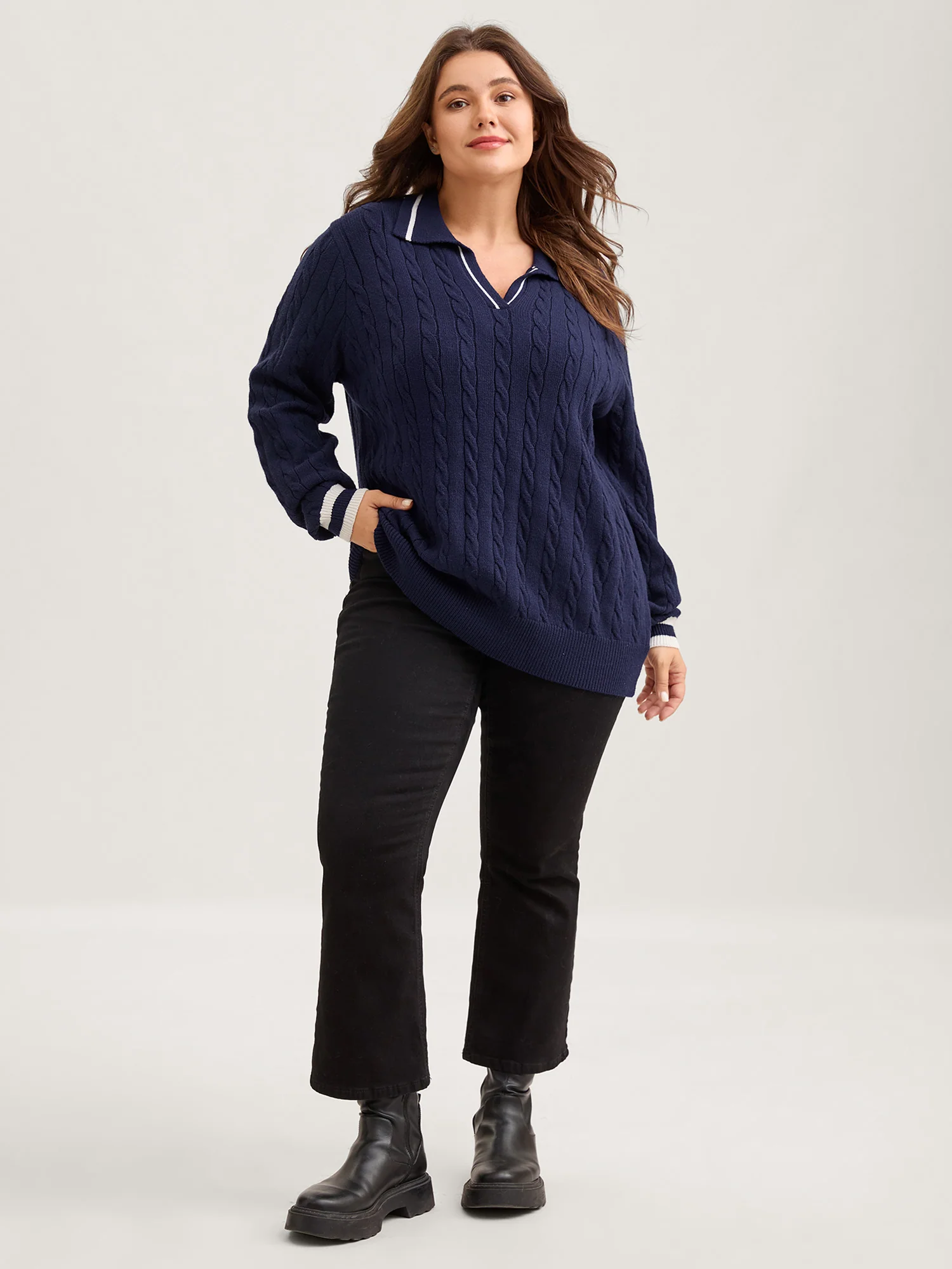 Supersoft Cable Knit Polo Collar Contrast Pullover - Image 3
