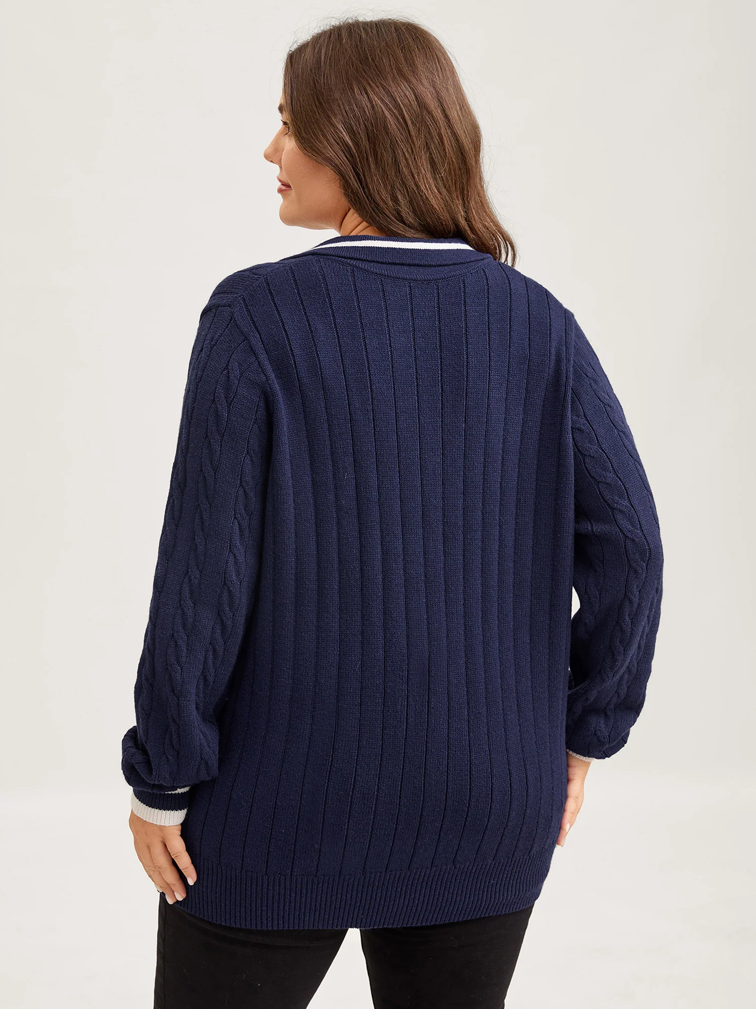 Supersoft Cable Knit Polo Collar Contrast Pullover - Image 4