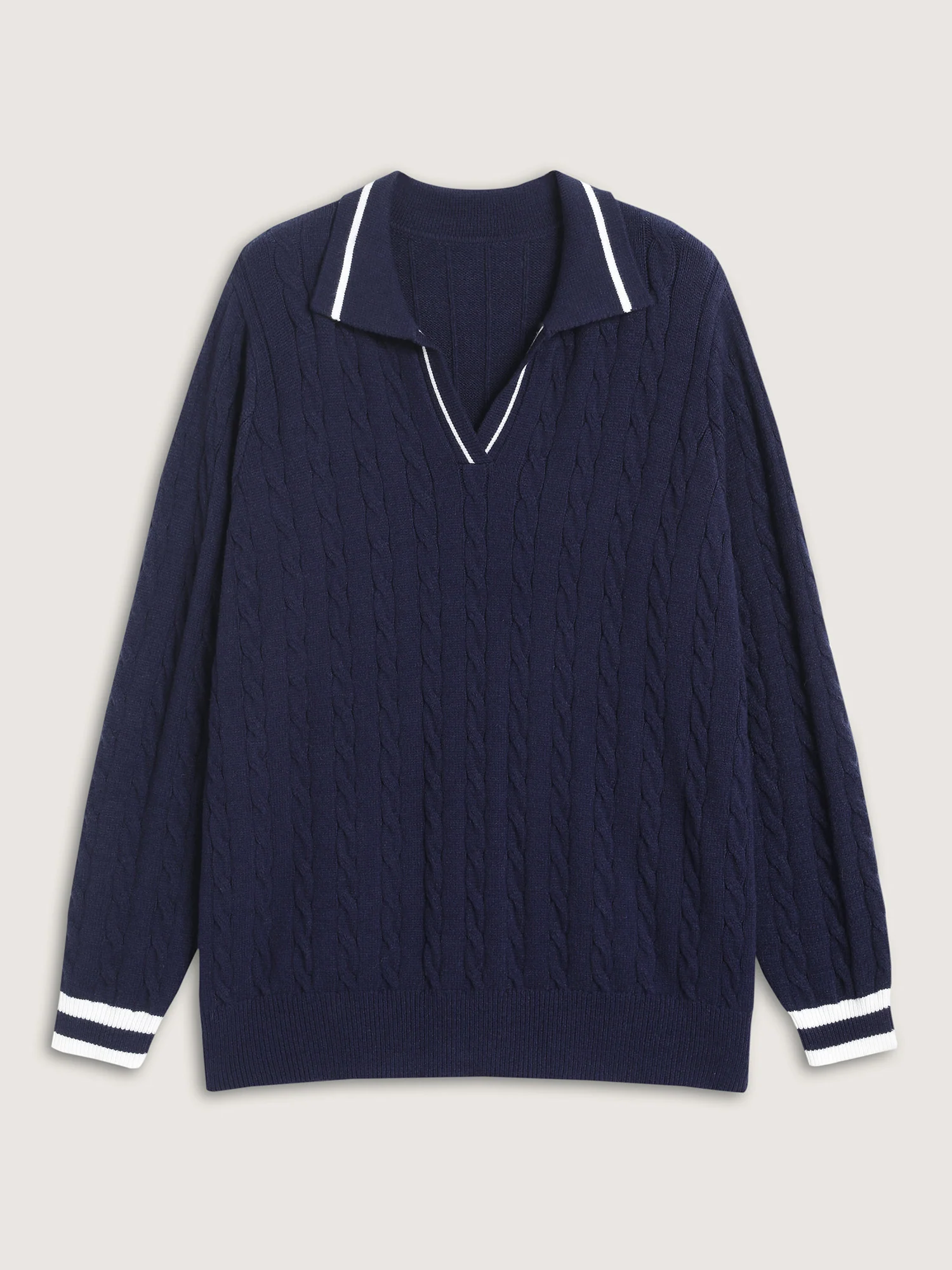 Supersoft Cable Knit Polo Collar Contrast Pullover - Image 7