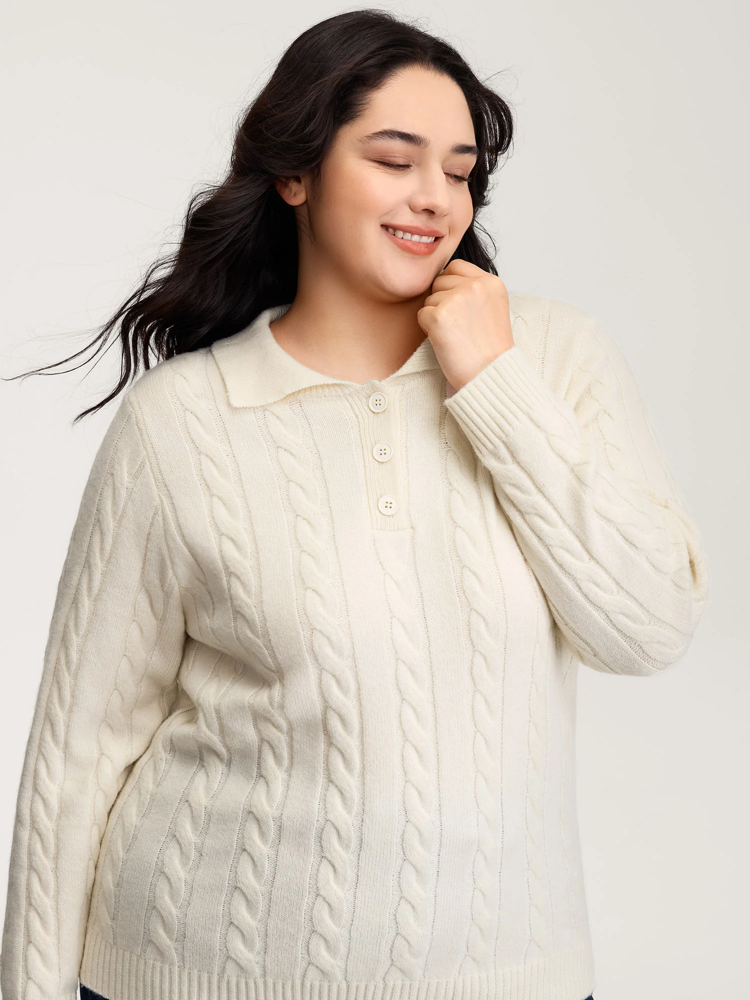 Supersoft Cable Knit Polo Collar Solid Pullover - Image 2