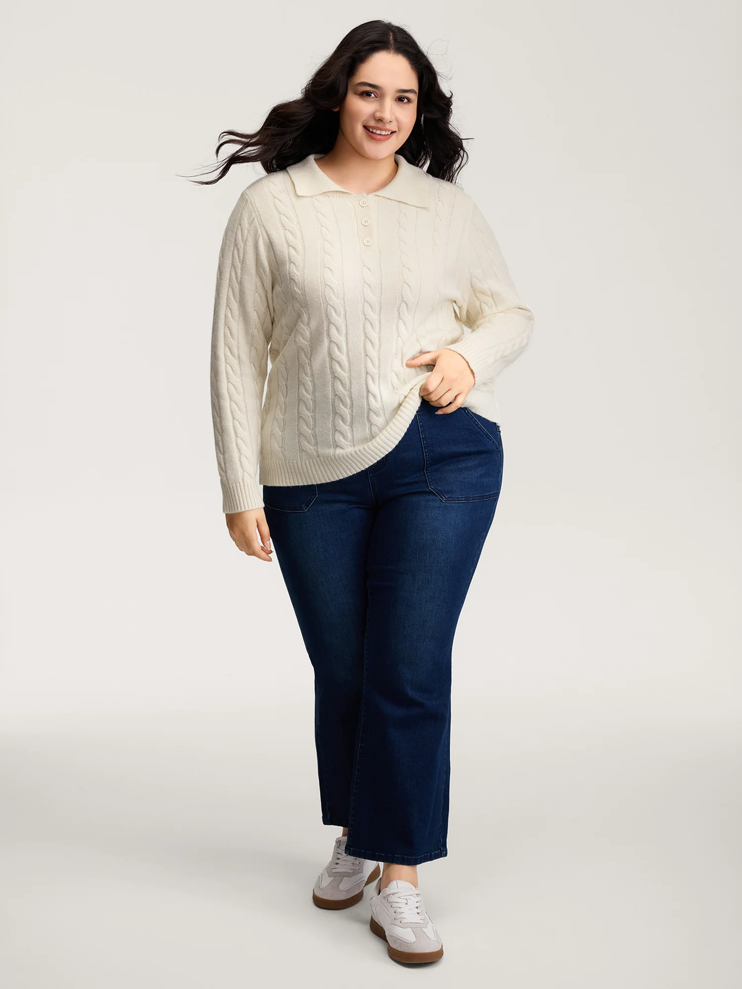 Supersoft Cable Knit Polo Collar Solid Pullover - Image 3