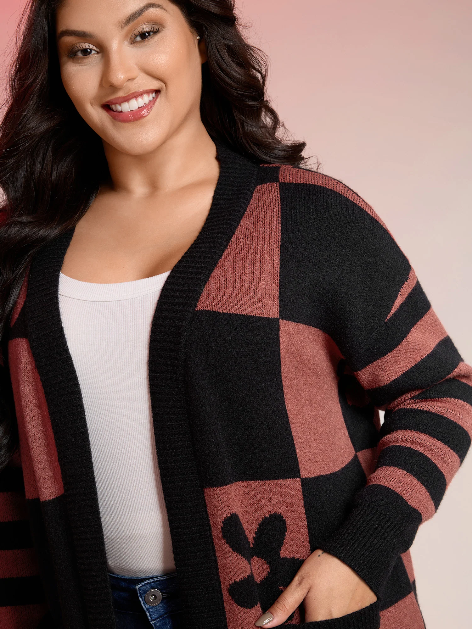 Supersoft Checkered Floral Superstretchy Knit Cardigan - Image 2