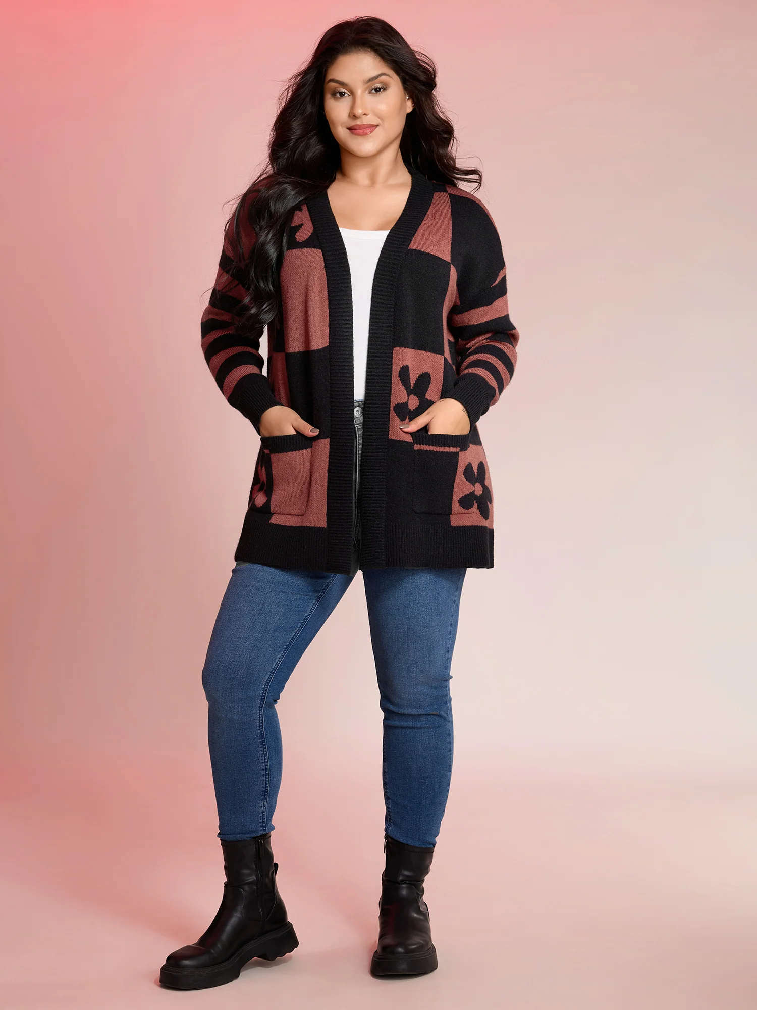 Supersoft Checkered Floral Superstretchy Knit Cardigan - Image 3
