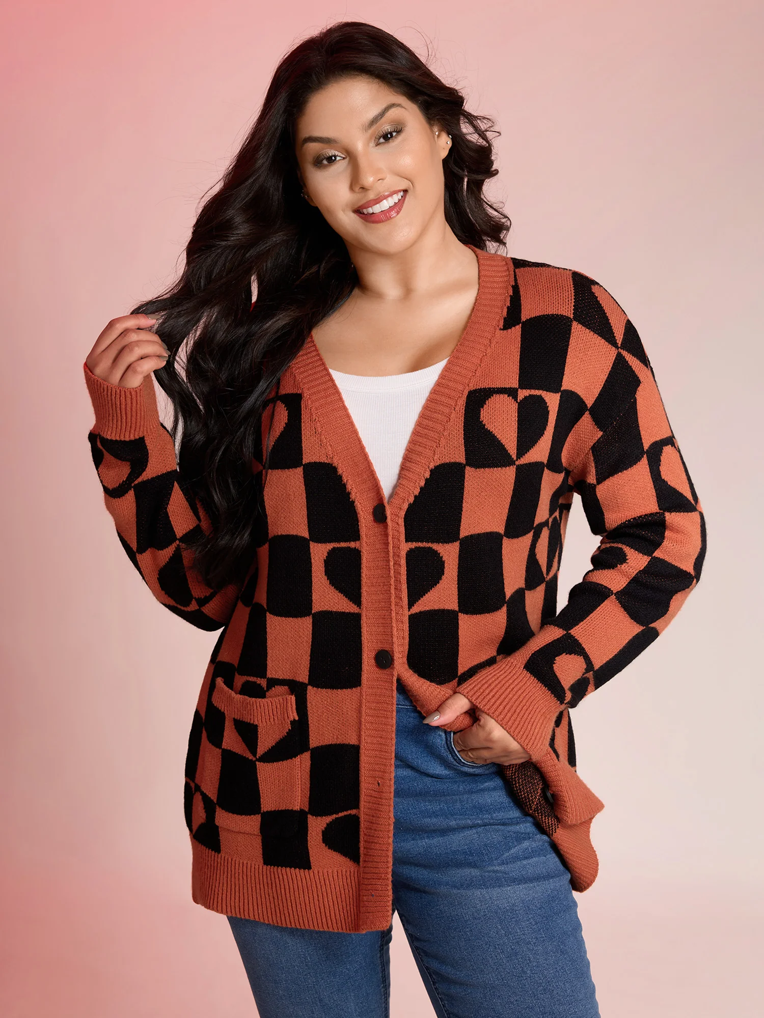 Supersoft Checkered Hearts Stretchy Knit Cardigan - Image 3