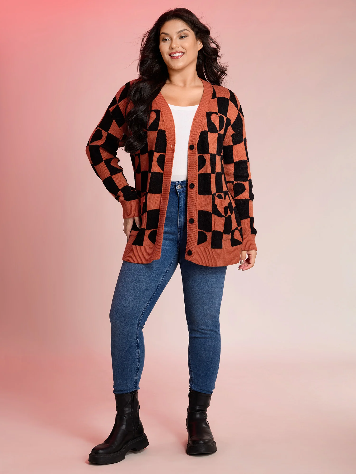 Supersoft Checkered Hearts Stretchy Knit Cardigan - Image 4