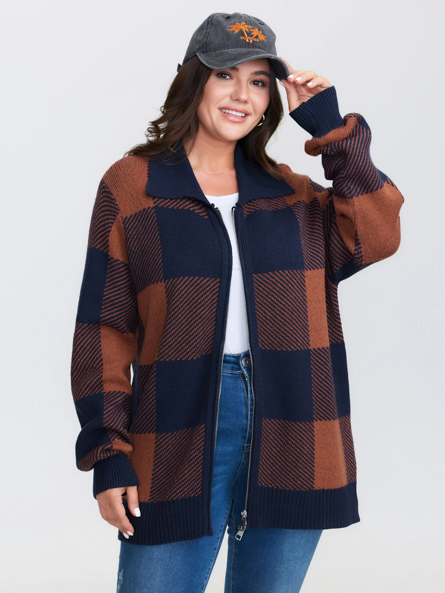 Supersoft Checkered Pattern Zip Knit Cardigan - Image 2