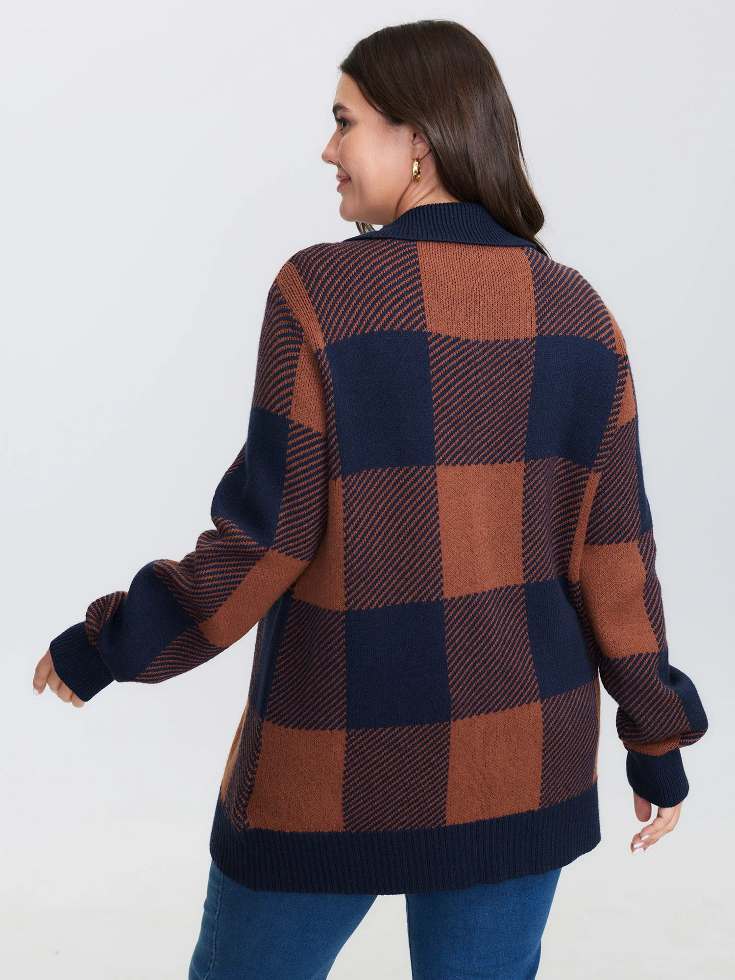 Supersoft Checkered Pattern Zip Knit Cardigan - Image 5