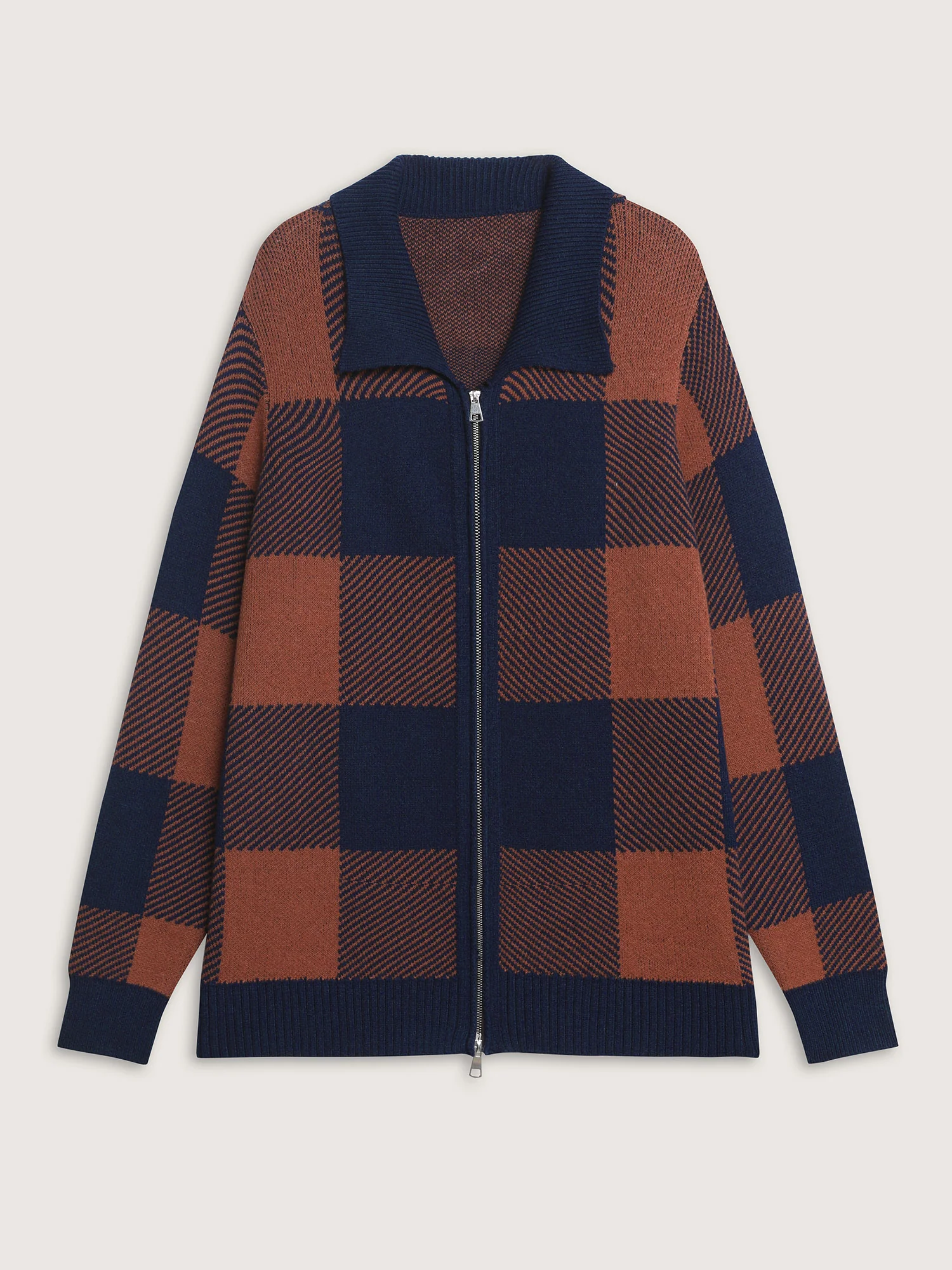 Supersoft Checkered Pattern Zip Knit Cardigan - Image 9