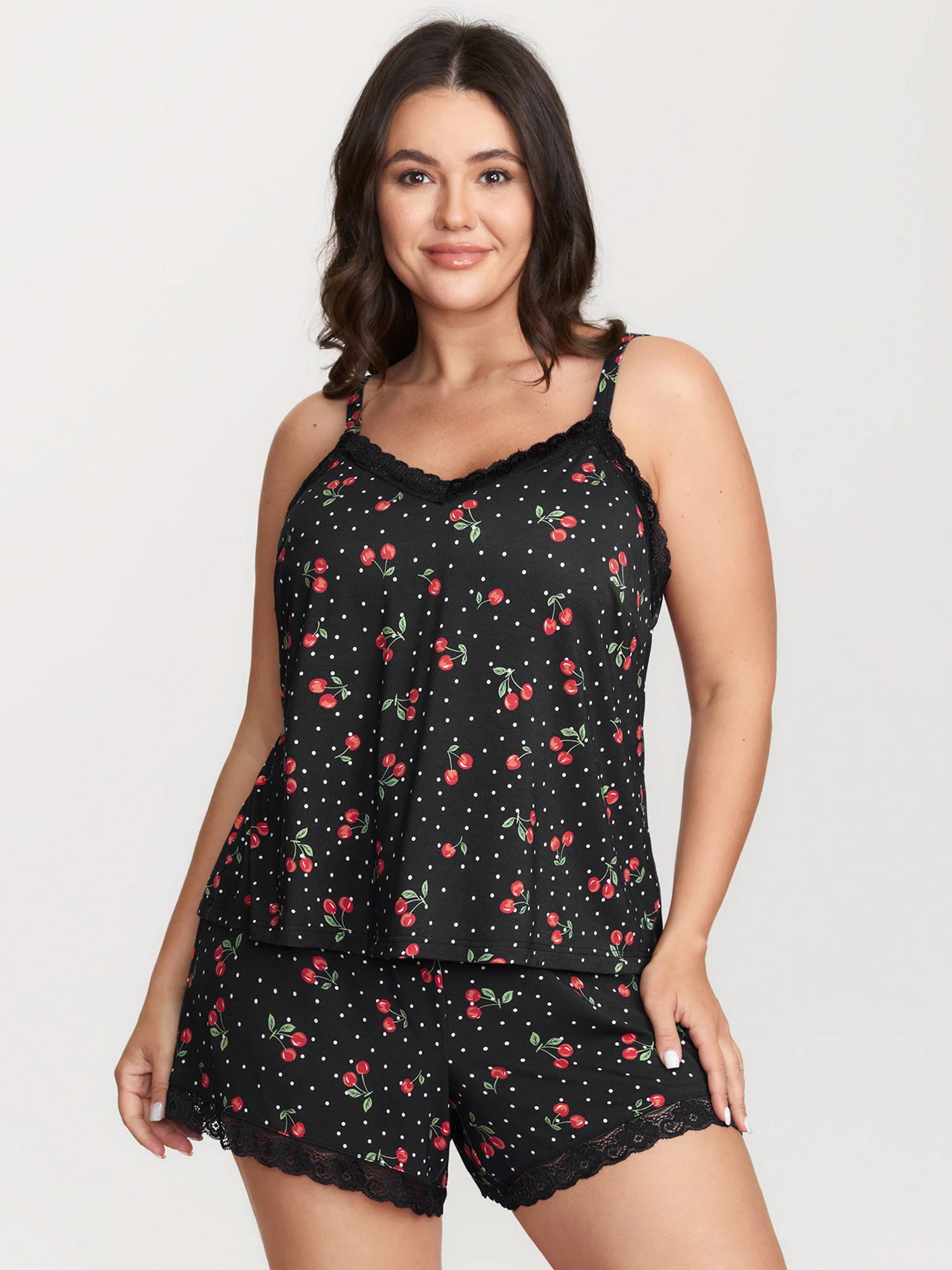 Supersoft Cherry Print Lace Trim Pockets Lounge Set